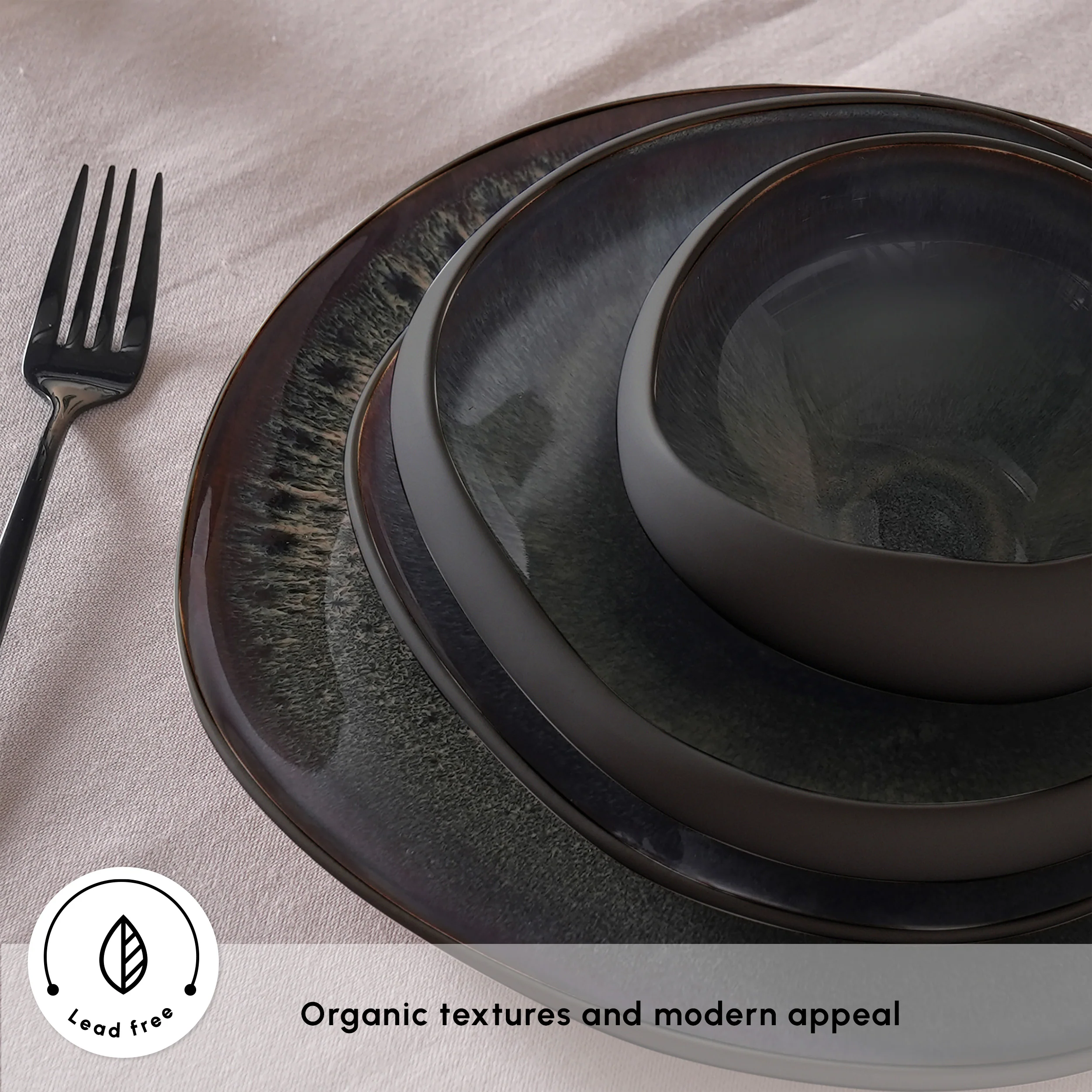 Karaca Earth Collection New Galactic Reactive Glaze 55-Piece Dinner Set for 12 People, Black - Image 4
