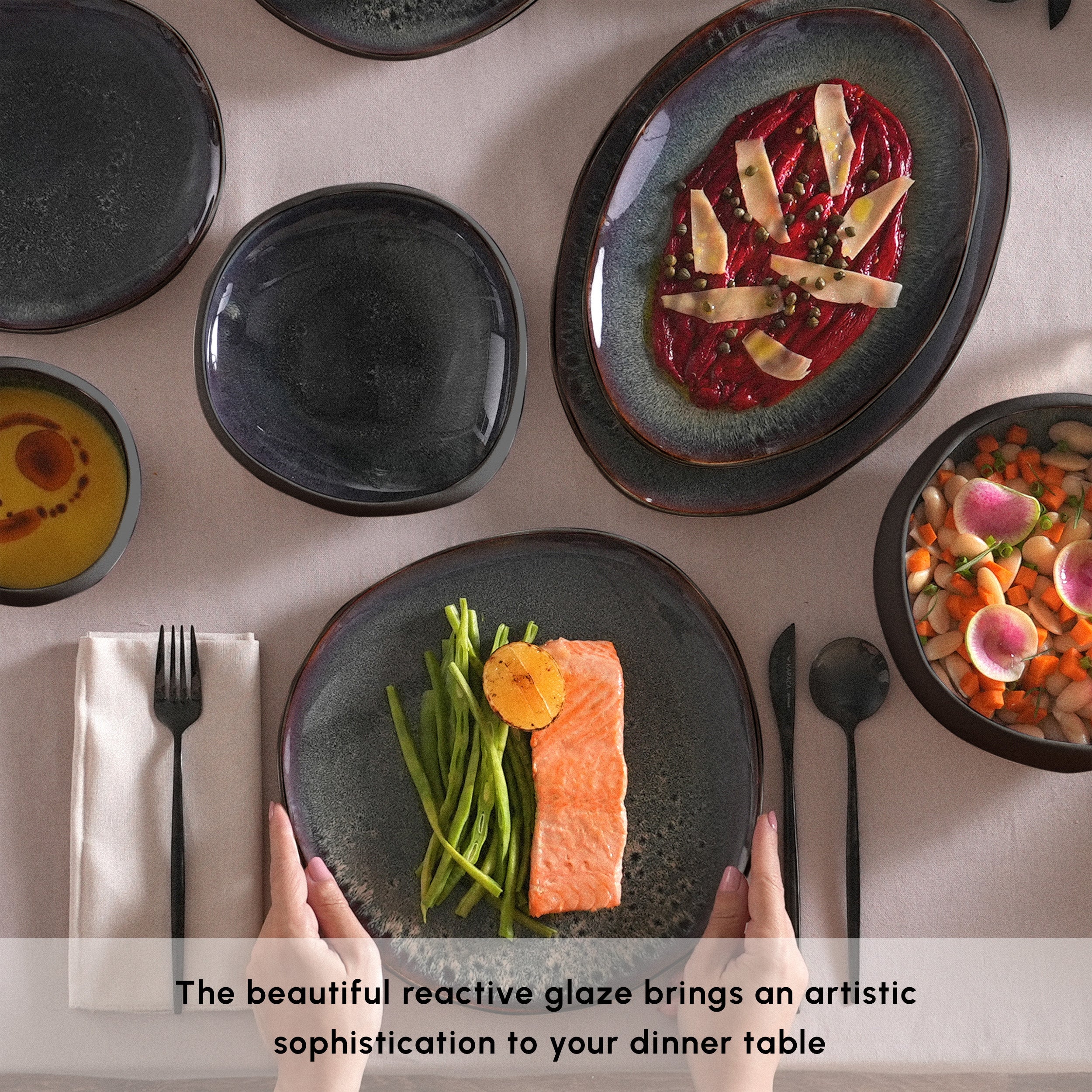 Karaca Earth Collection New Galactic Reactive Glaze 55-Piece Dinner Set for 12 People, Black - Image 5
