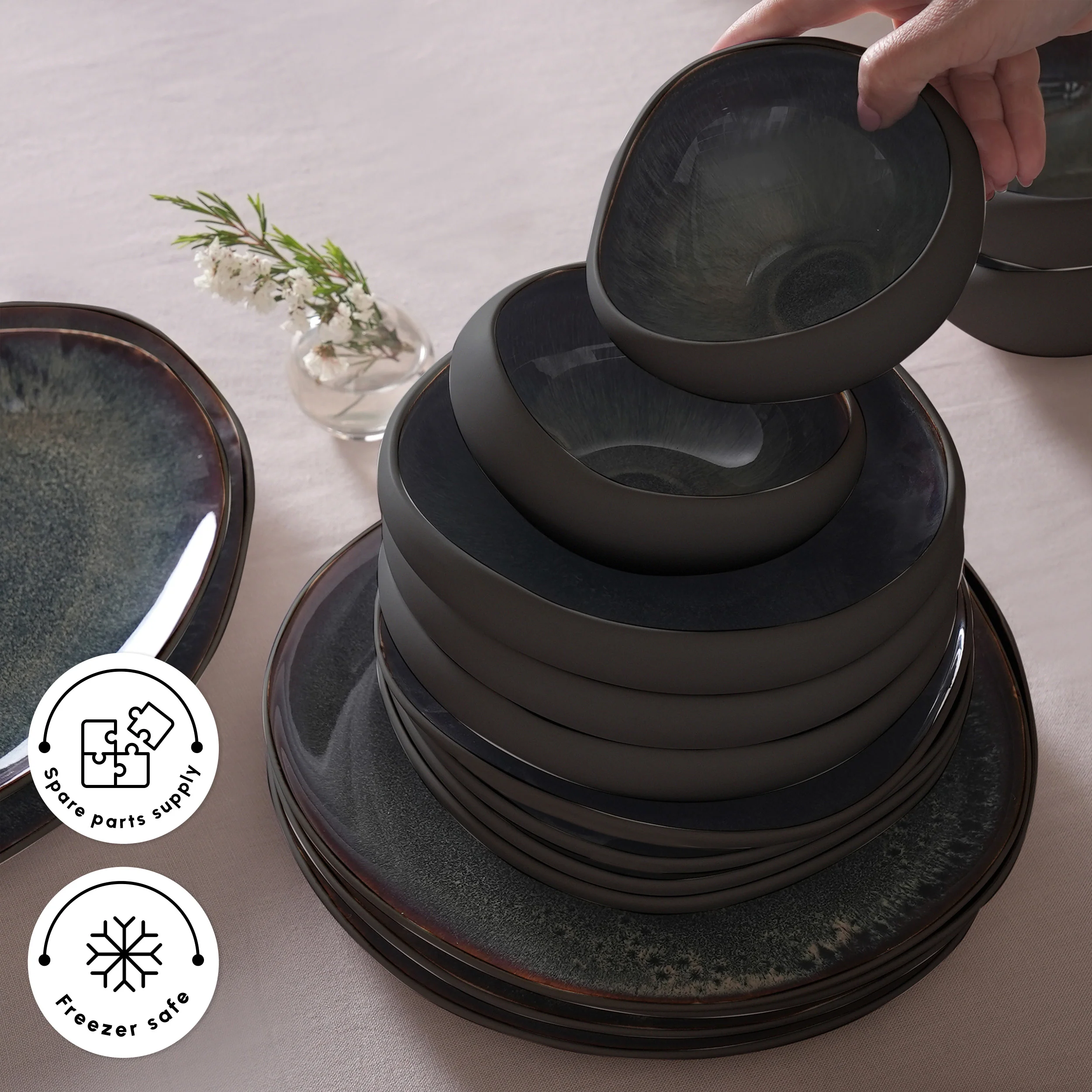 Karaca Earth Collection New Galactic Reactive Glaze 55-Piece Dinner Set for 12 People, Black - Image 6
