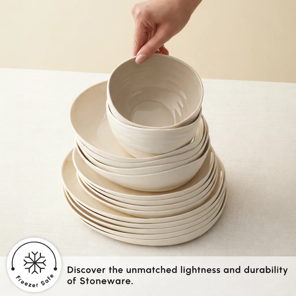 Karaca Earth Collection Rise Stoneware 55-Piece Dinner Set for 12 People, Cream - Image 6