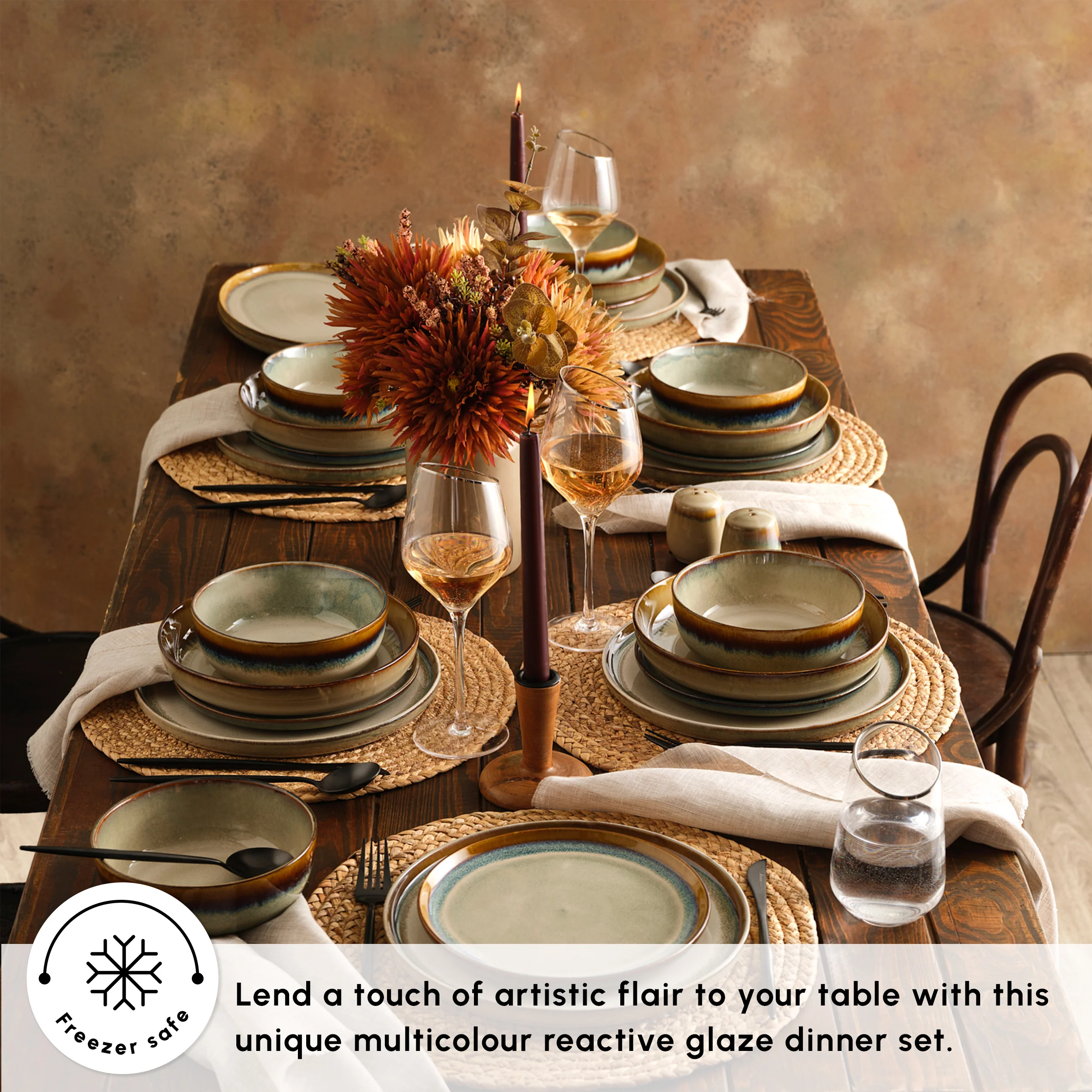 Karaca Earth Collection Earthy Reactive Glaze 52-Piece Stoneware Dinner Set for 12 People, Multi - Image 5