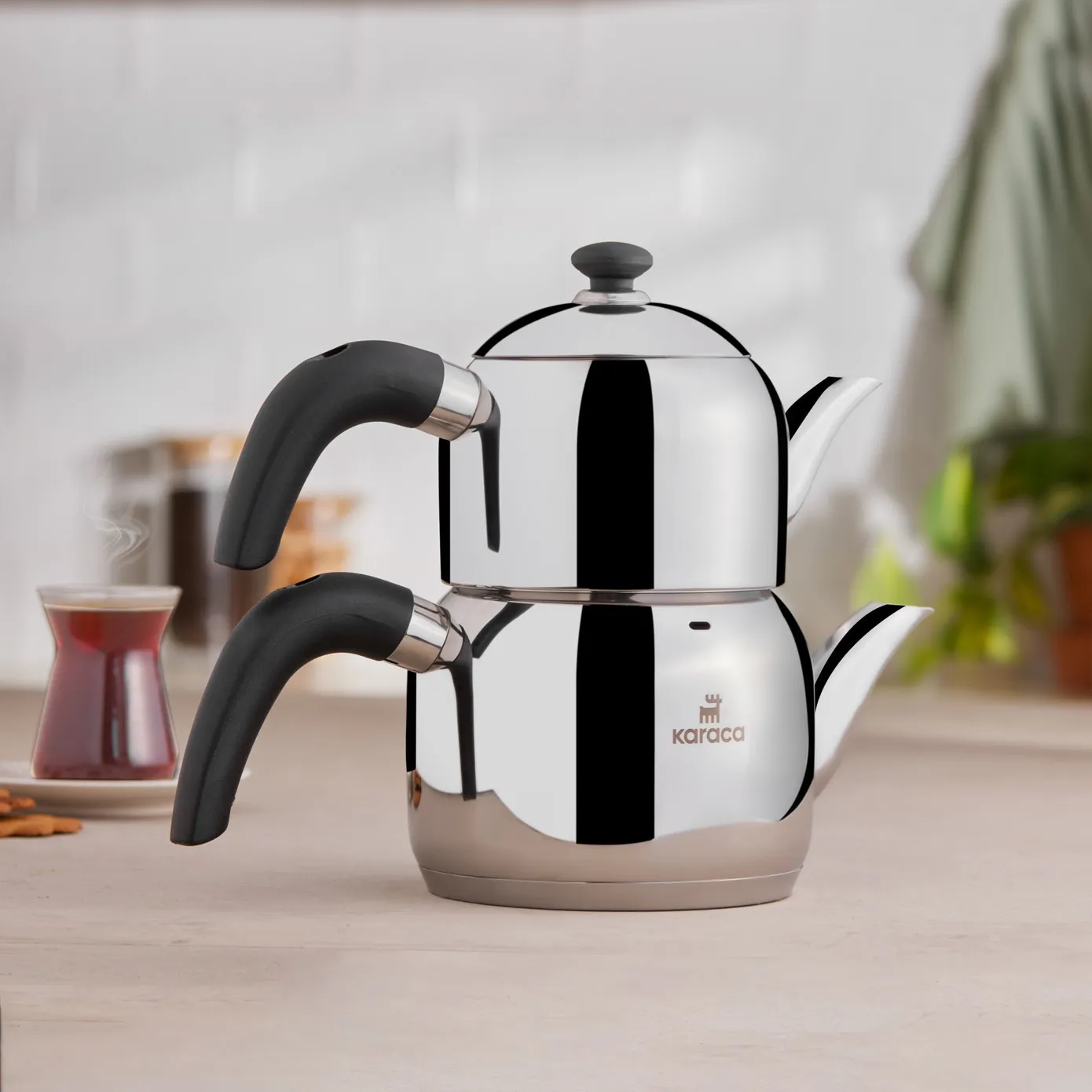 Karaca Edge Stainless Steel Induction Teapot Set, Small, Silver Black