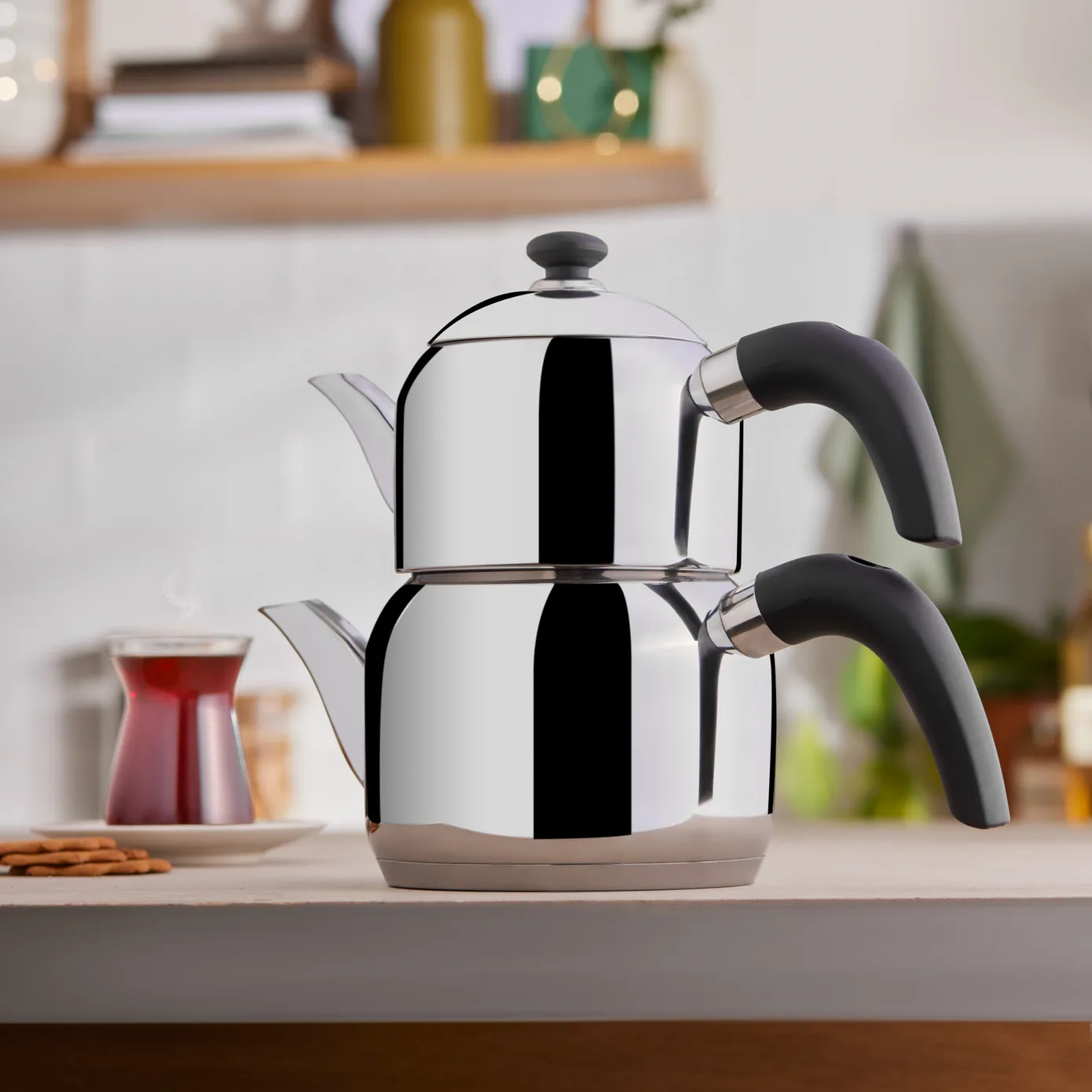 Karaca Edge Stainless Steel Induction Teapot Set, Small, Silver Black - Image 3