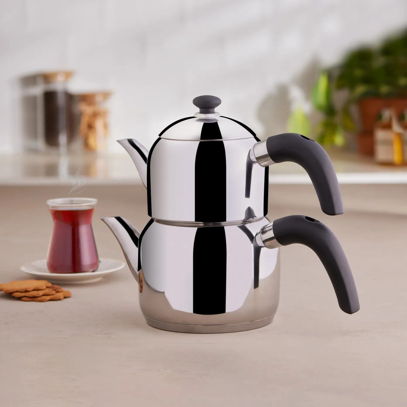 Karaca Edge Stainless Steel Induction Teapot Set, Small, Silver Black - Image 4