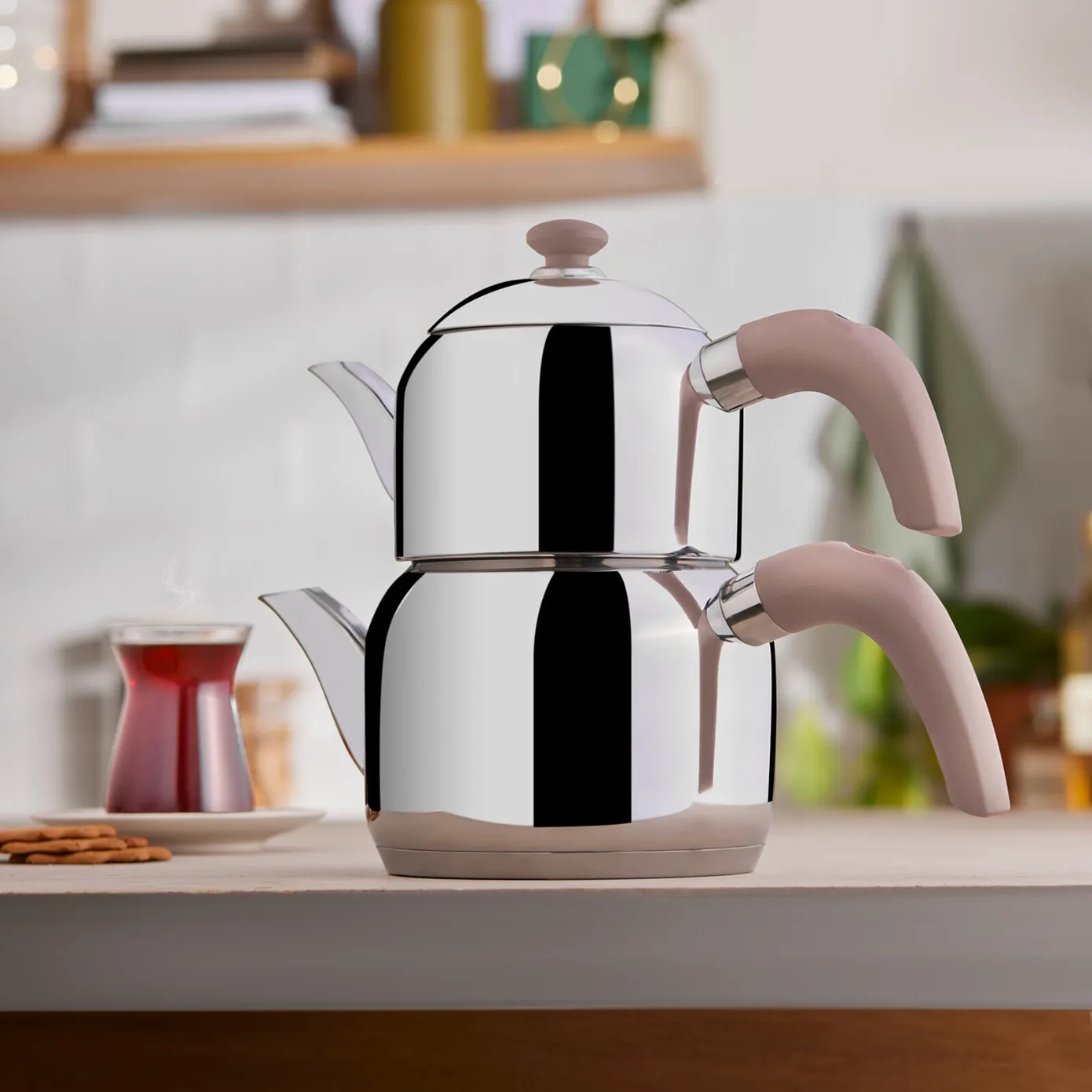Karaca Edge Stainless Steel Induction Teapot Set, Small, Silver Rose - Image 3