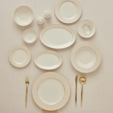 Karaca Elegance Bone China Alessa 60-Piece Dinner Set & Serveware Set for 8 People, Gold - Image 7