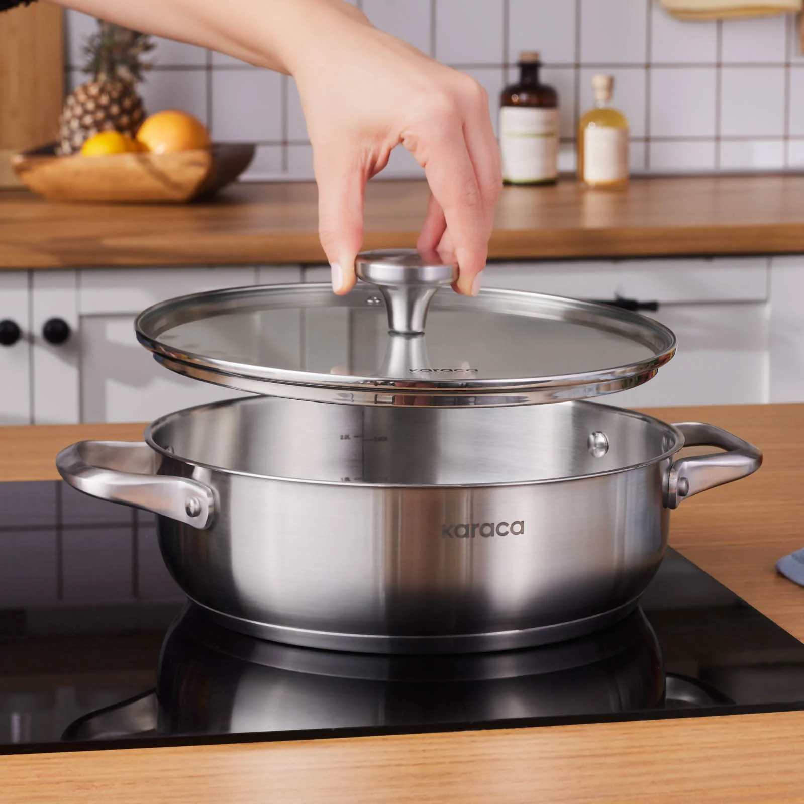 Karaca Elite Stainless Steel Induction Shallow Casserole & Lid, 24cm, Silver - Image 3