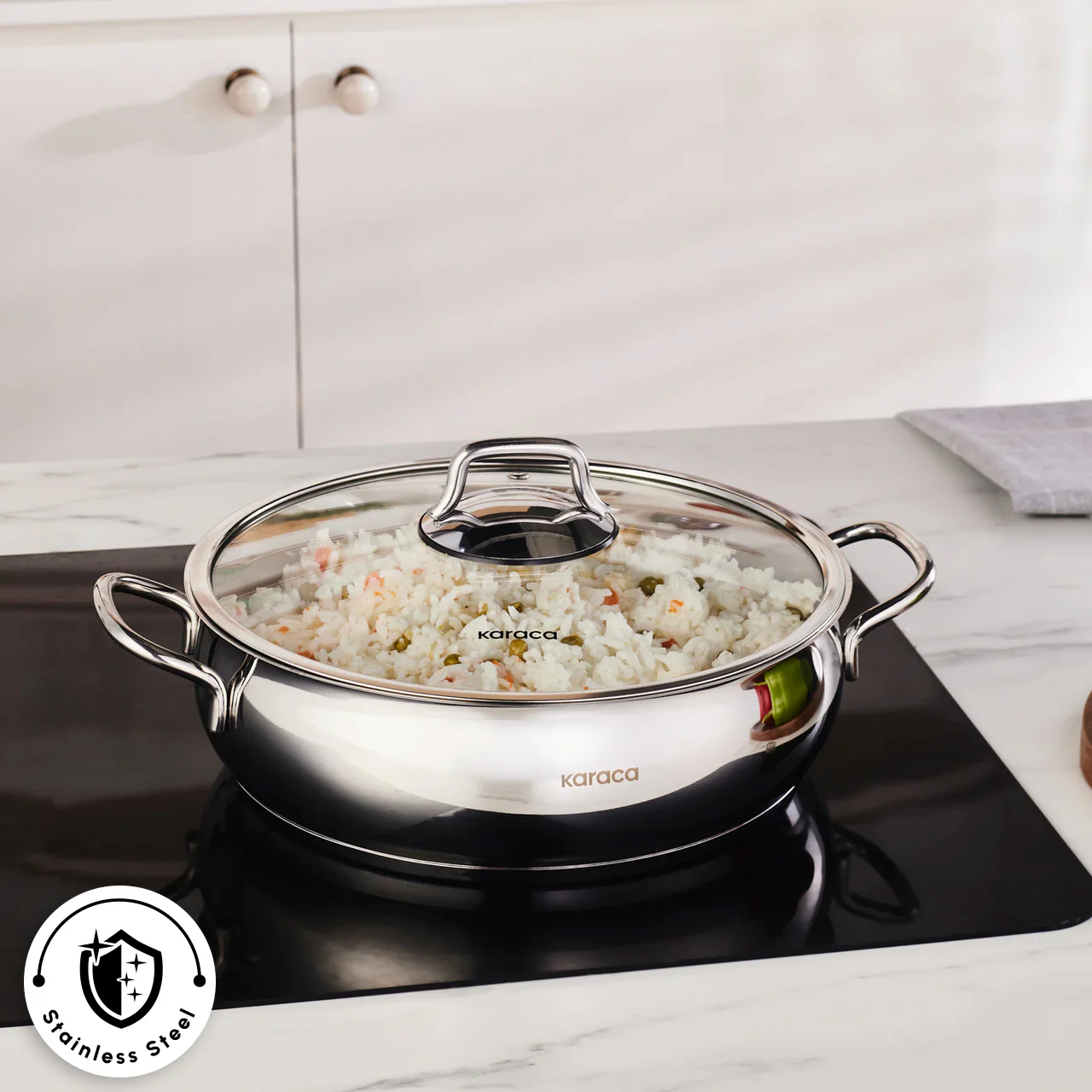Karaca Emirgan Stainless Steel Shallow Casserole with Lid, 26cm, Silver - Image 2
