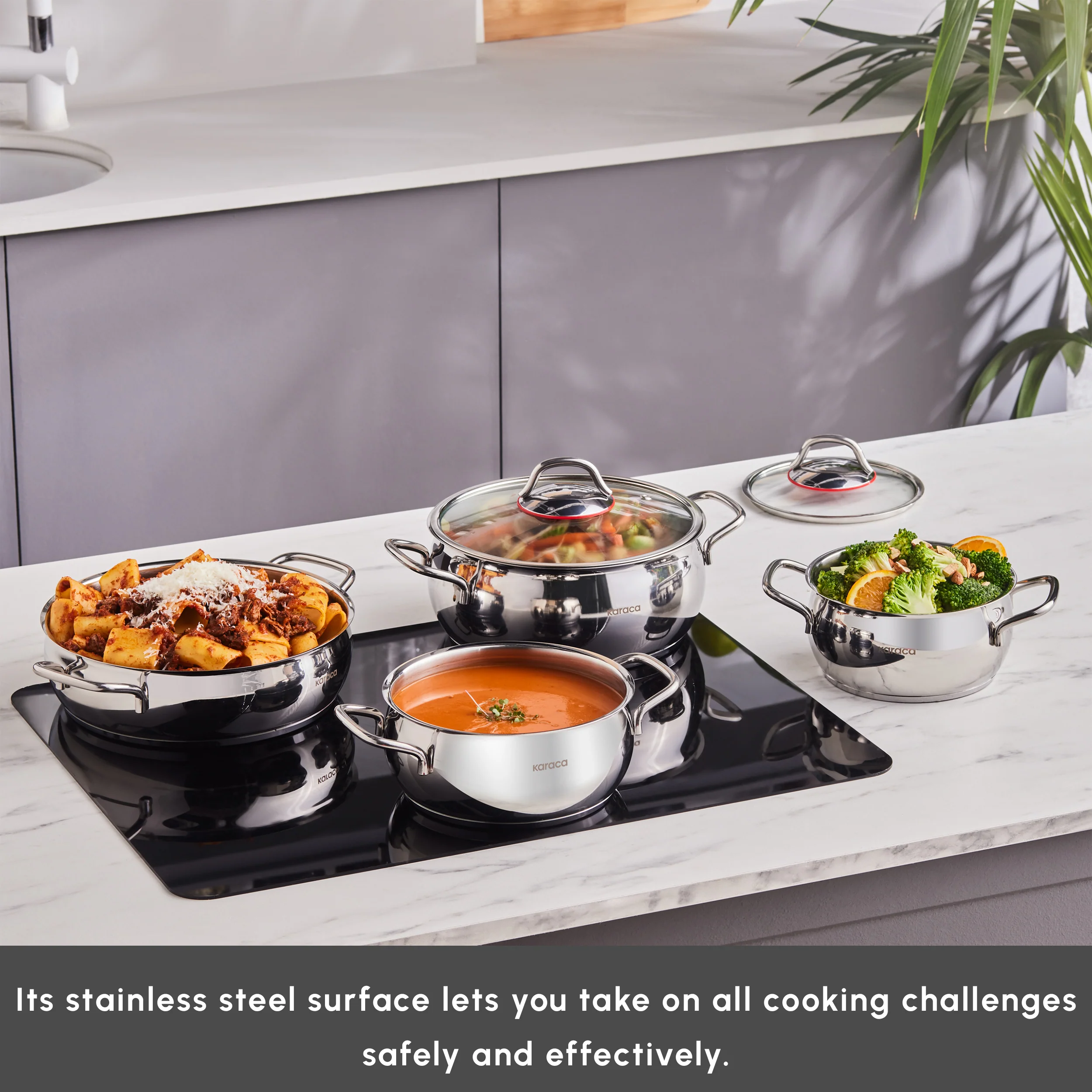 Karaca Emirgan 8-Piece Stainless Steel Induction Cookware Set, Silver Red - Image 3