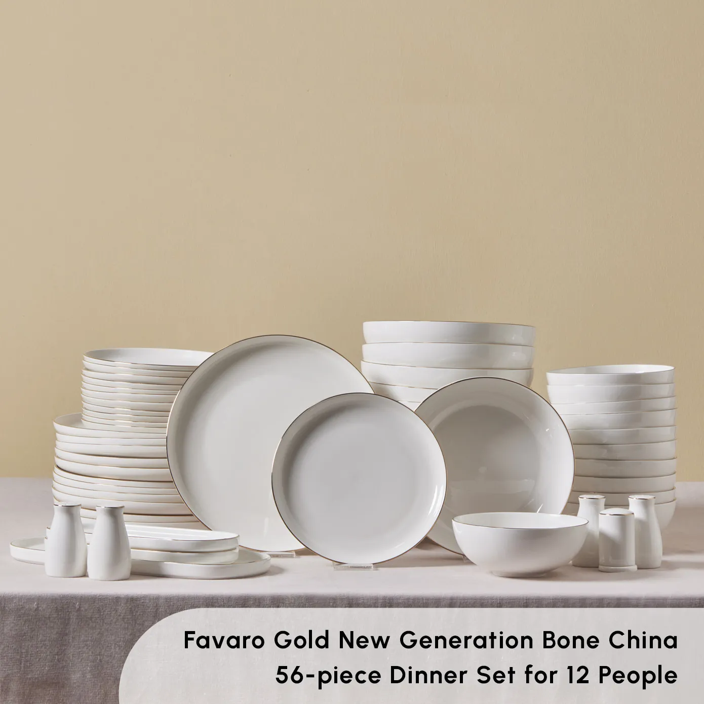 Karaca Stream Bone China Favaro 56-Piece Dinner Set for 12 People, Gold - Image 3