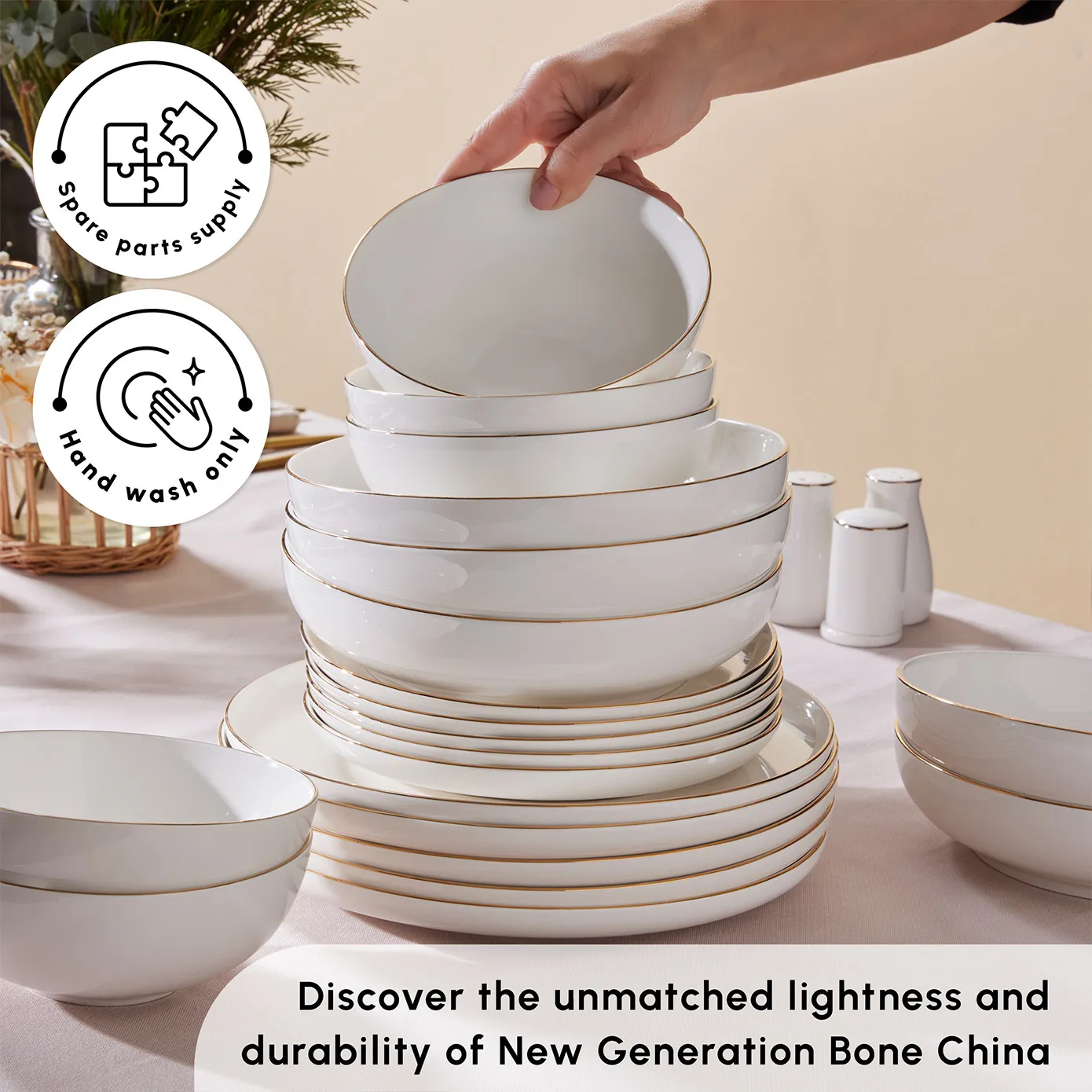 Karaca Stream Bone China Favaro 56-Piece Dinner Set for 12 People, Gold - Image 6