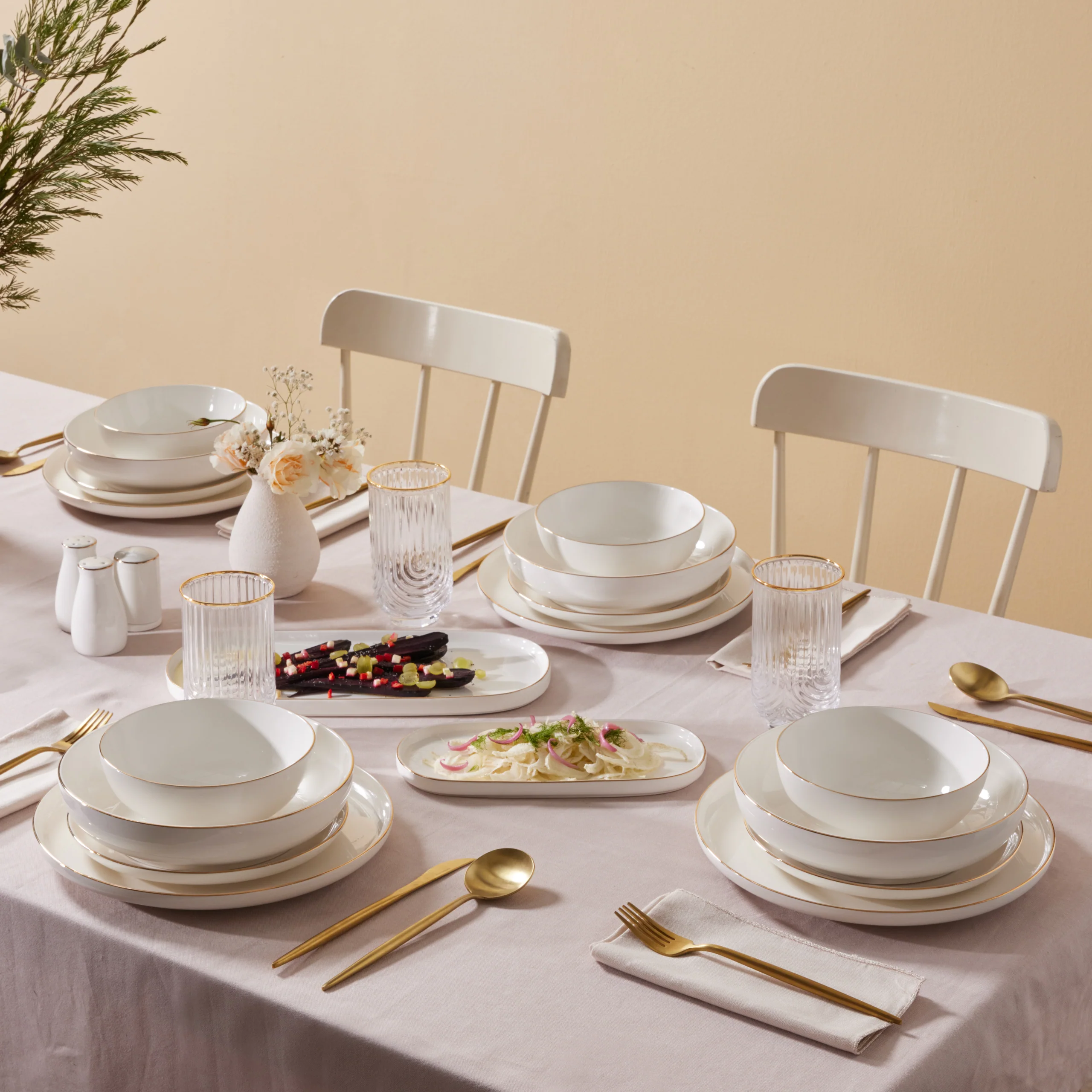 Karaca Stream Bone China Favaro 53-Piece Dinner Set for 12 People, Gold - Image 2