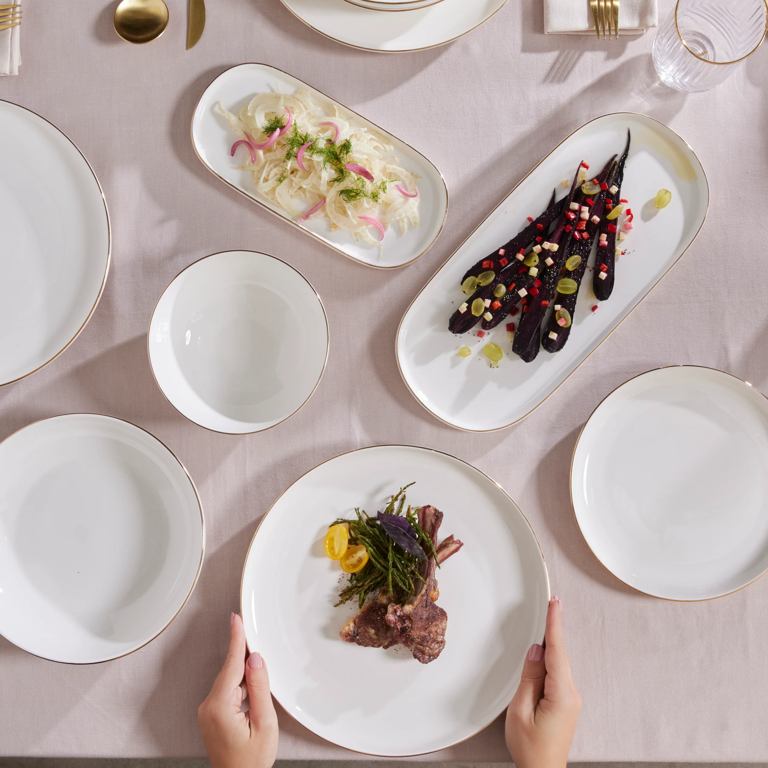 Karaca Stream Bone China Favaro 53-Piece Dinner Set for 12 People, Gold - Image 5