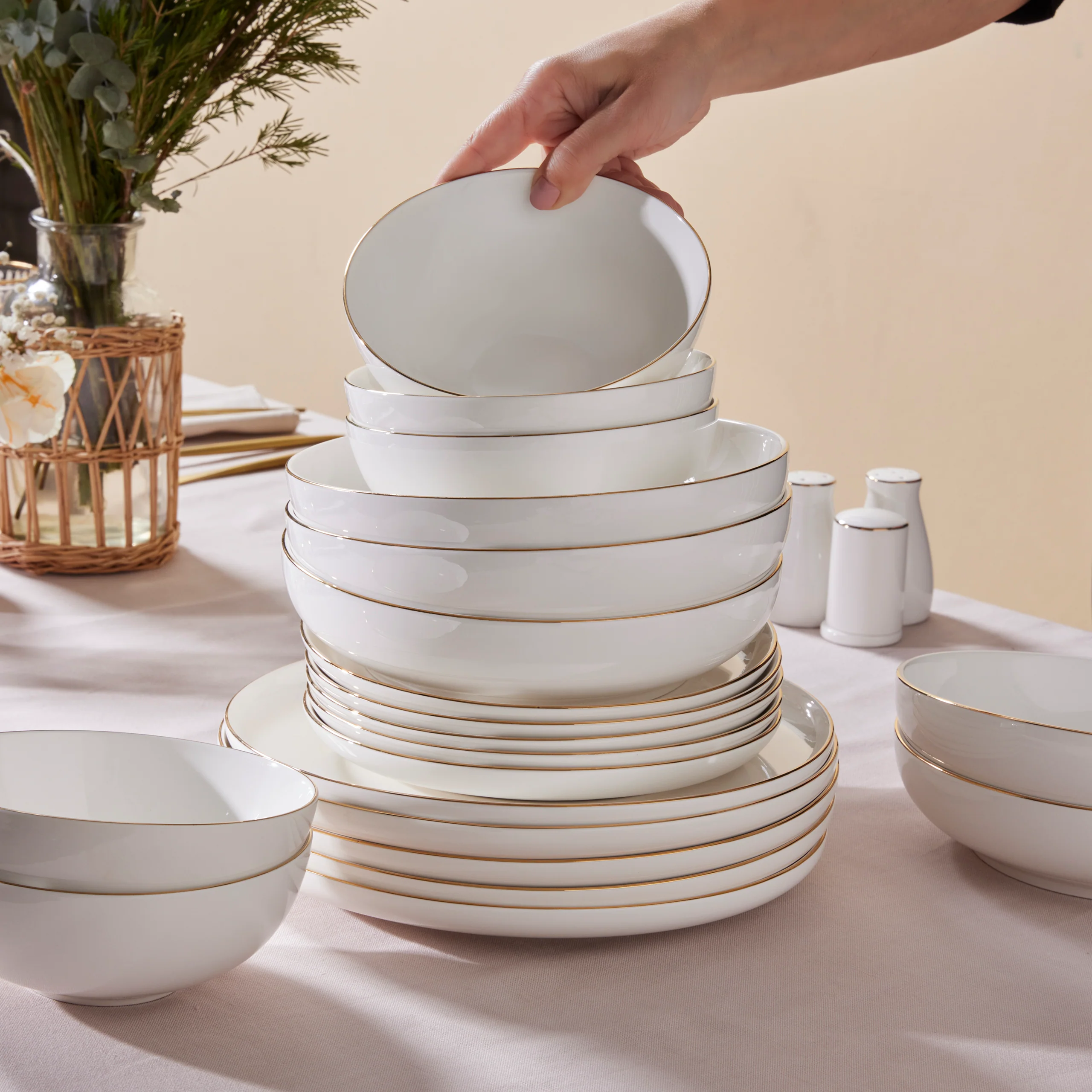 Karaca Stream Bone China Favaro 53-Piece Dinner Set for 12 People, Gold - Image 7