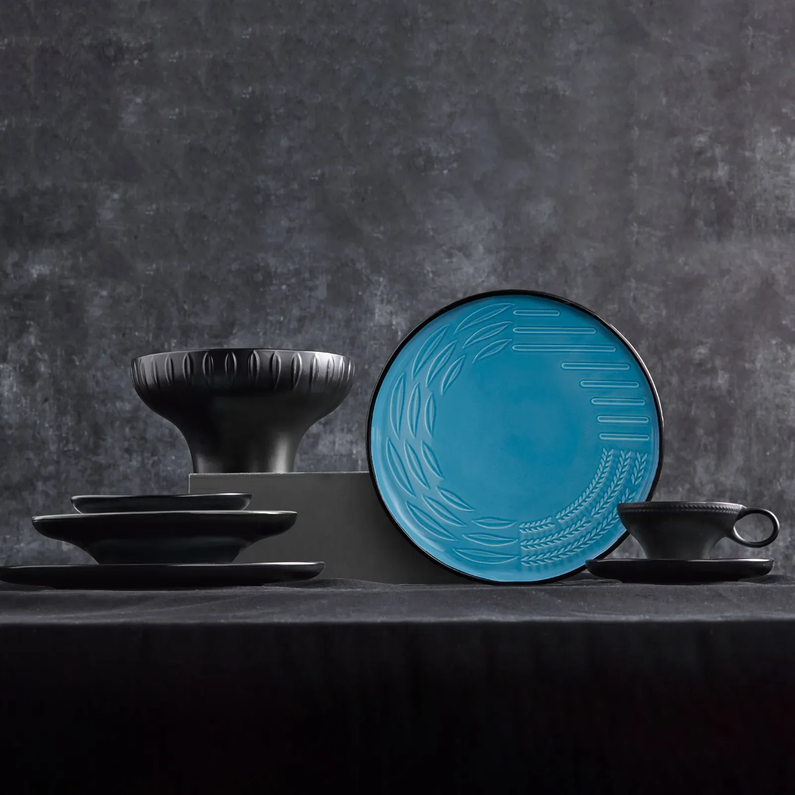 Karaca Fit Collection 4 Piece Stoneware Tea Cup and Saucer Set for 2 People, 10cmx5.5cm, Blue Black - Image 4