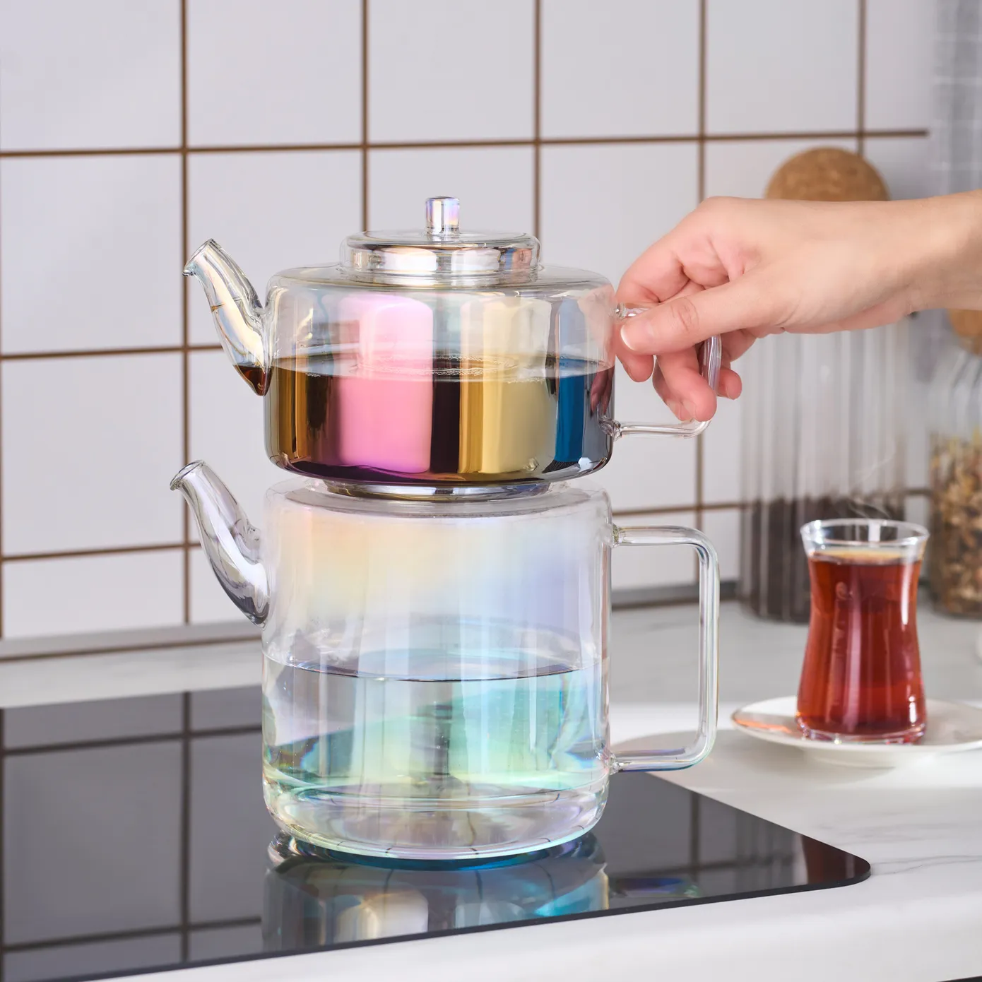 Karaca Flat Borosilicate Glass Luster Teapot, Multi - Image 8