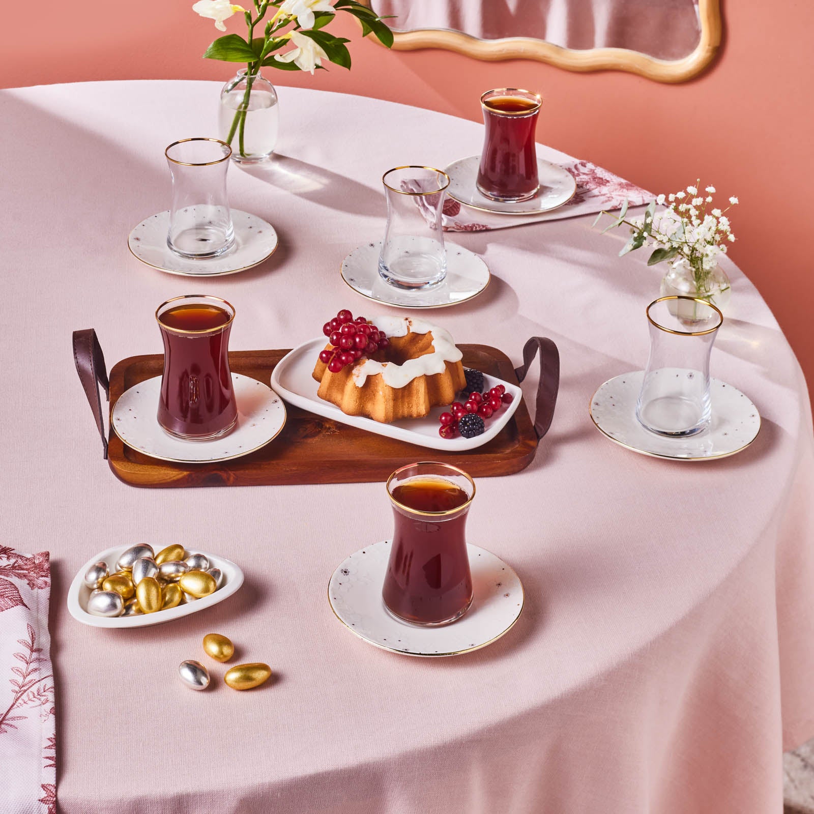 Karaca Fleur 12-Piece Glass Turkish Tea Set for 6 People, 170ml, Gold - Image 2