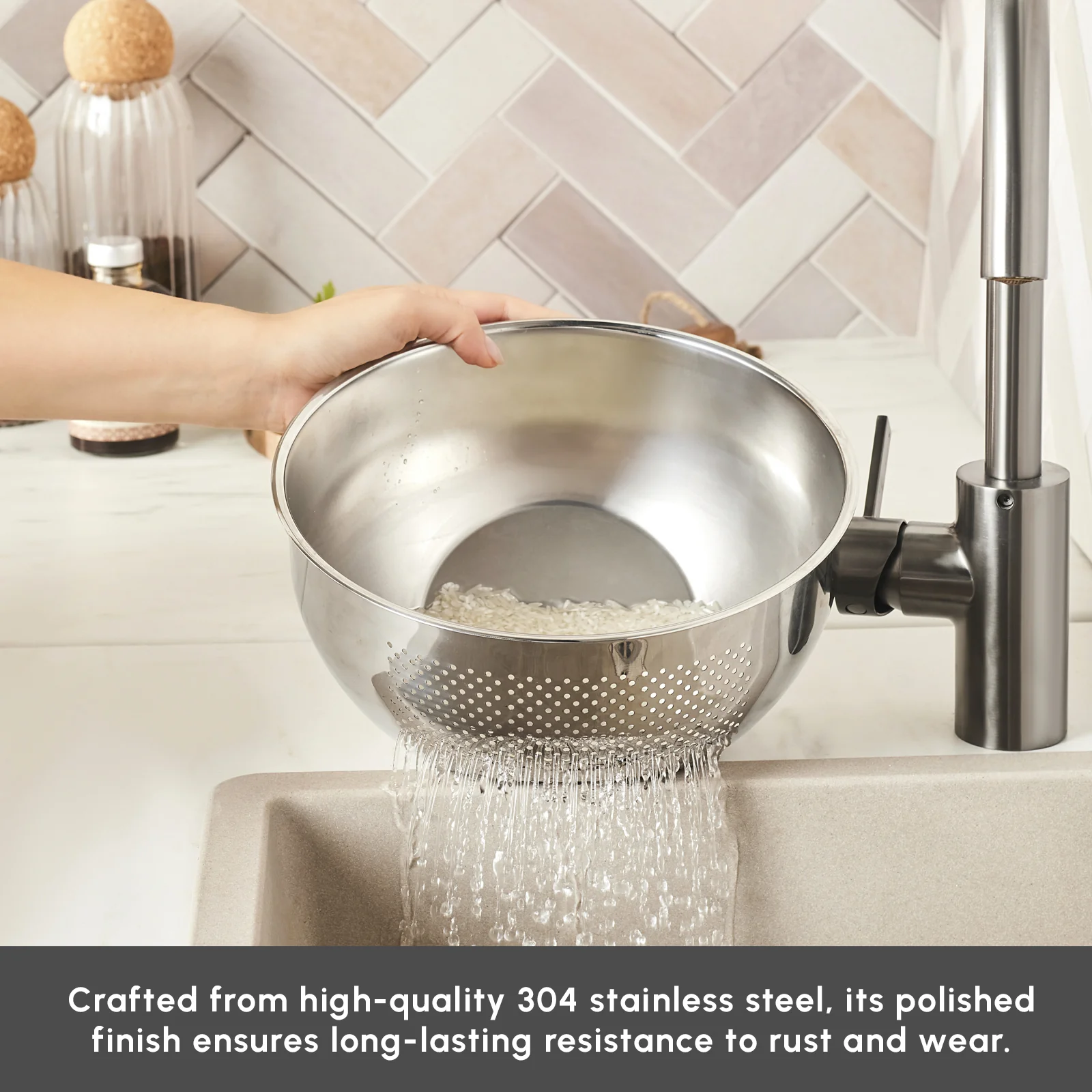 Karaca Flow Stainless Steel Washing Bowl with Integrated Strainer, 24cm, Silver - Image 4