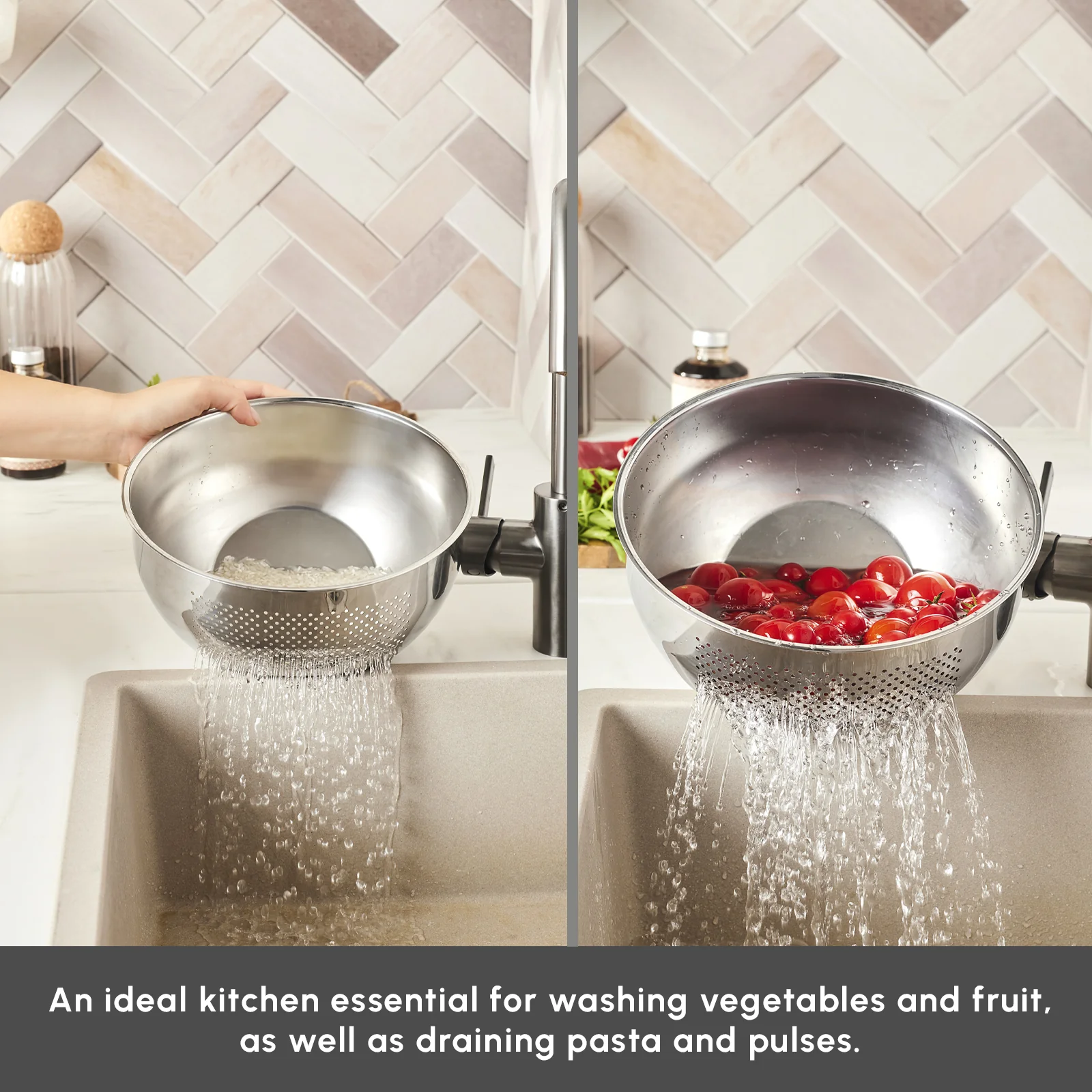 Karaca Flow Stainless Steel Washing Bowl with Integrated Strainer, 24cm, Silver - Image 5