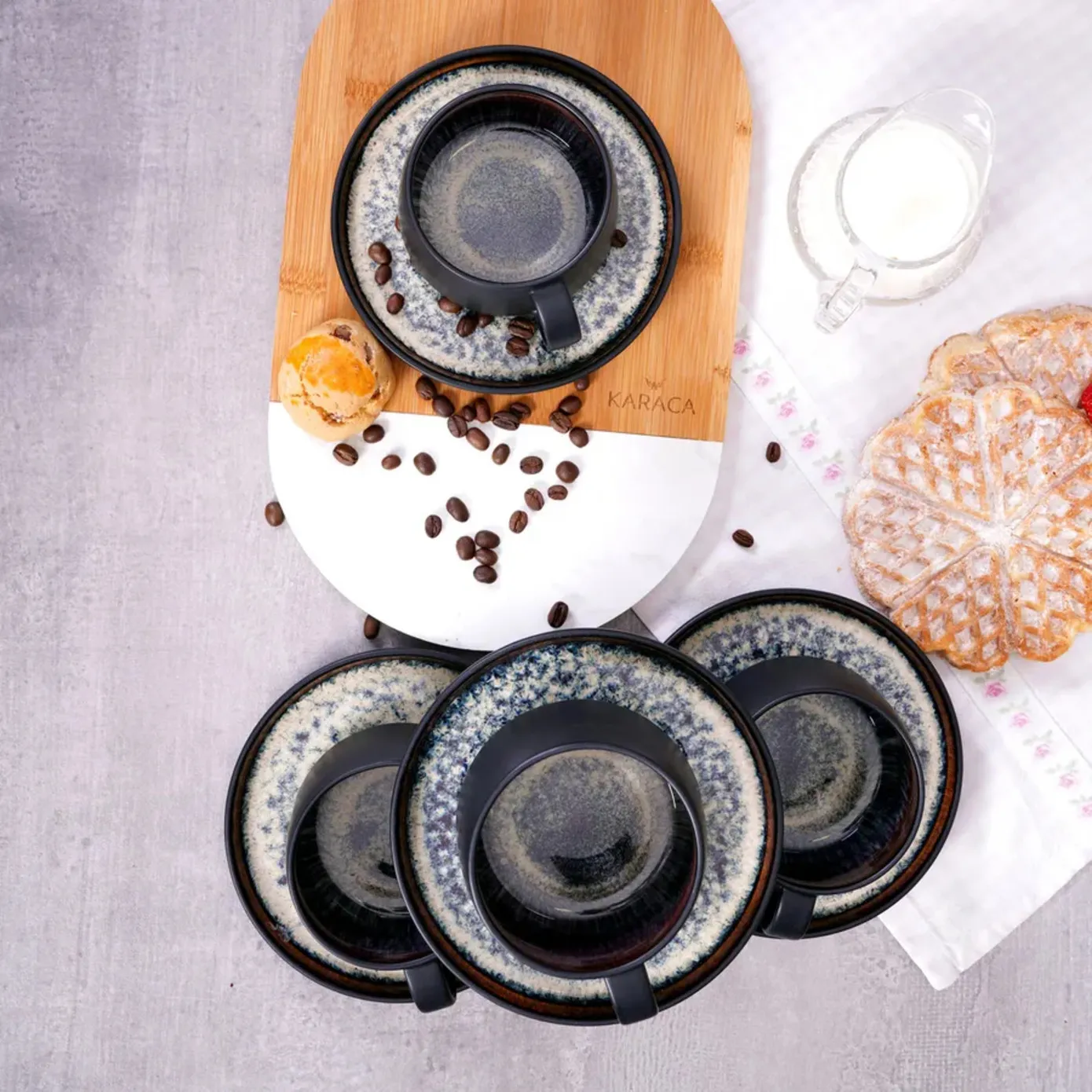 Karaca Galactic 8 Piece Reactive Glaze Tea Cup and Saucer Set for 4 People, 300ml, Black Multi - Image 2