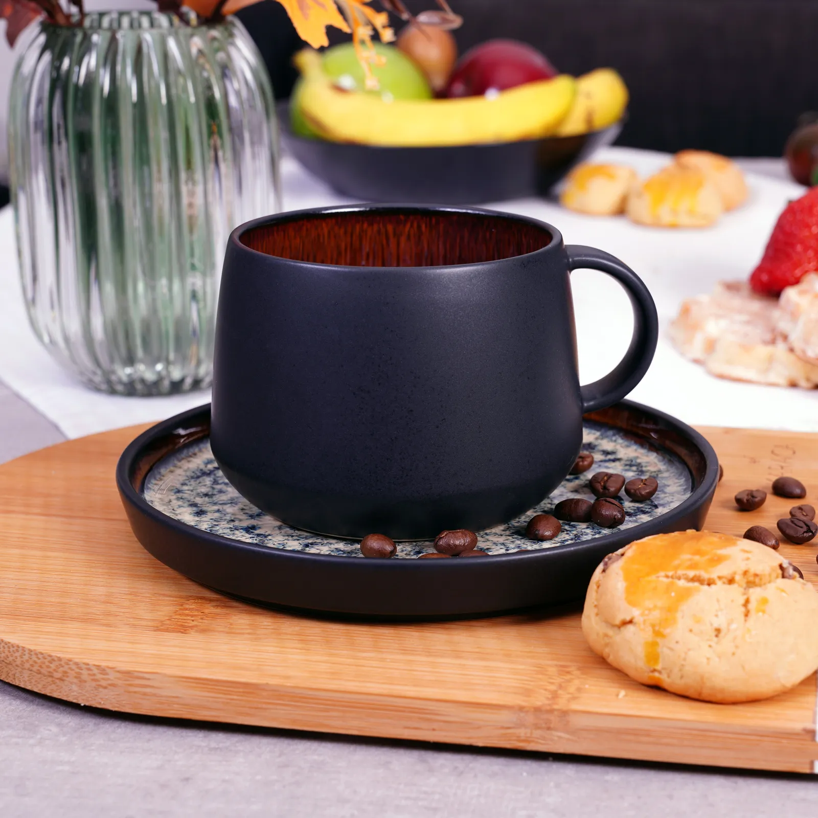 Karaca Galactic 8 Piece Reactive Glaze Tea Cup and Saucer Set for 4 People, 300ml, Black Multi - Image 6