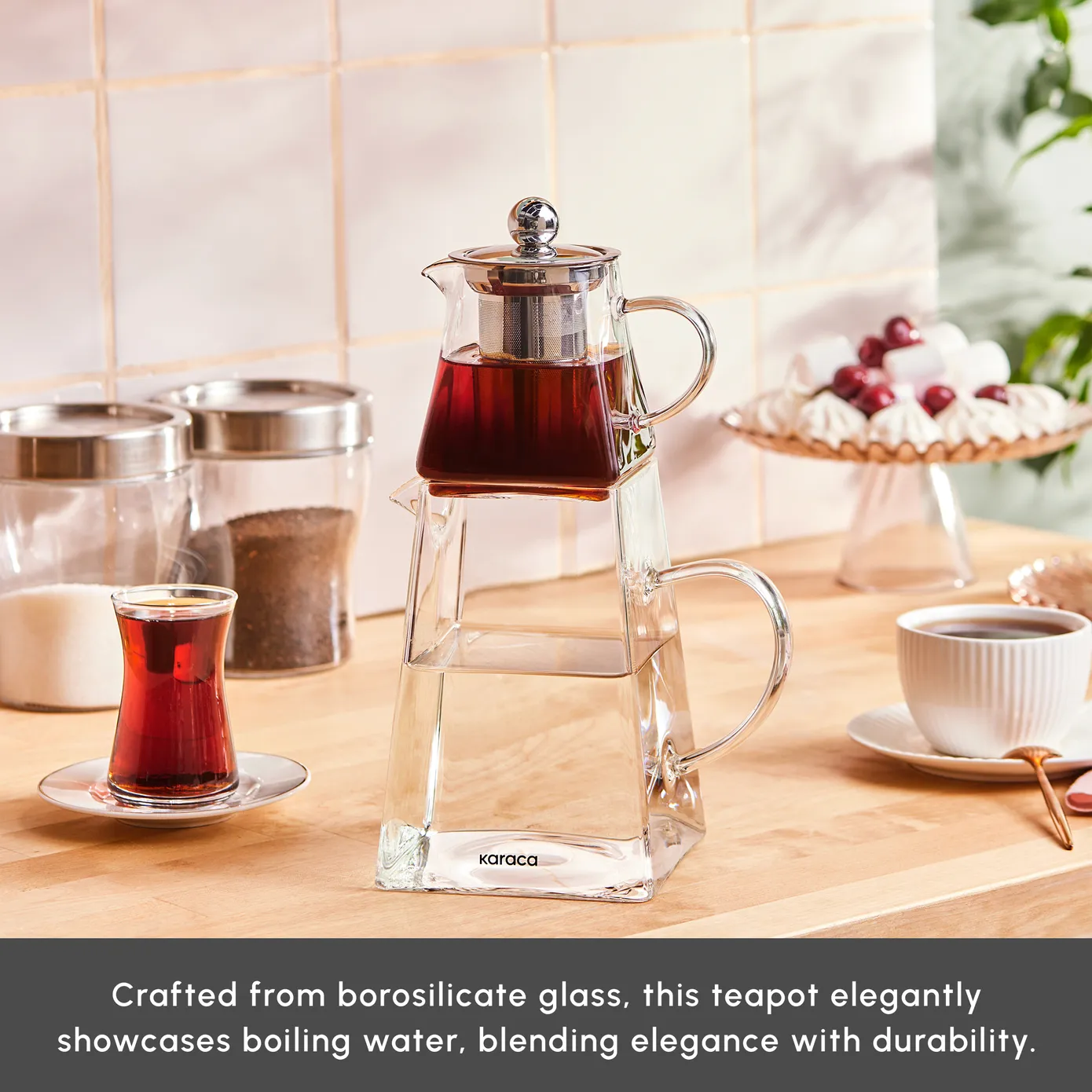 Karaca Giza Borosilicate Glass Teapot Set, Clear - Image 3