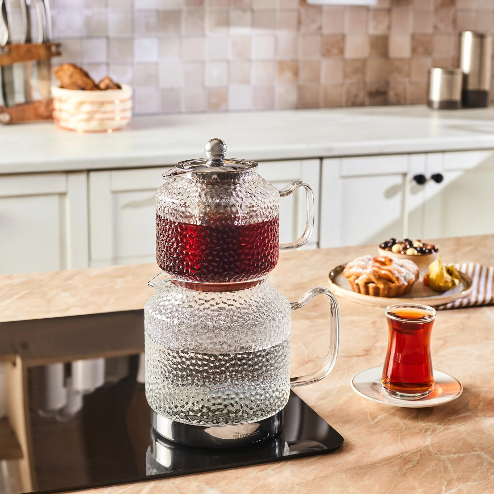 Karaca Glissia Borosilicate Glass Induction Teapot Set, Xlarge, Clear