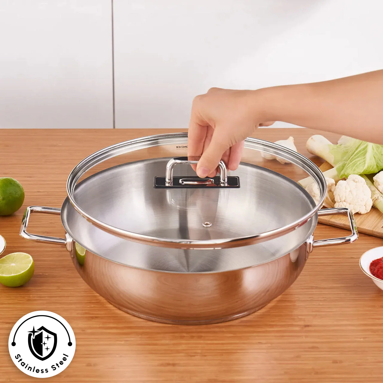 Karaca Grace Stainless Steel Induction Shallow Casserole with Lid, 30cm, Silver - Image 2