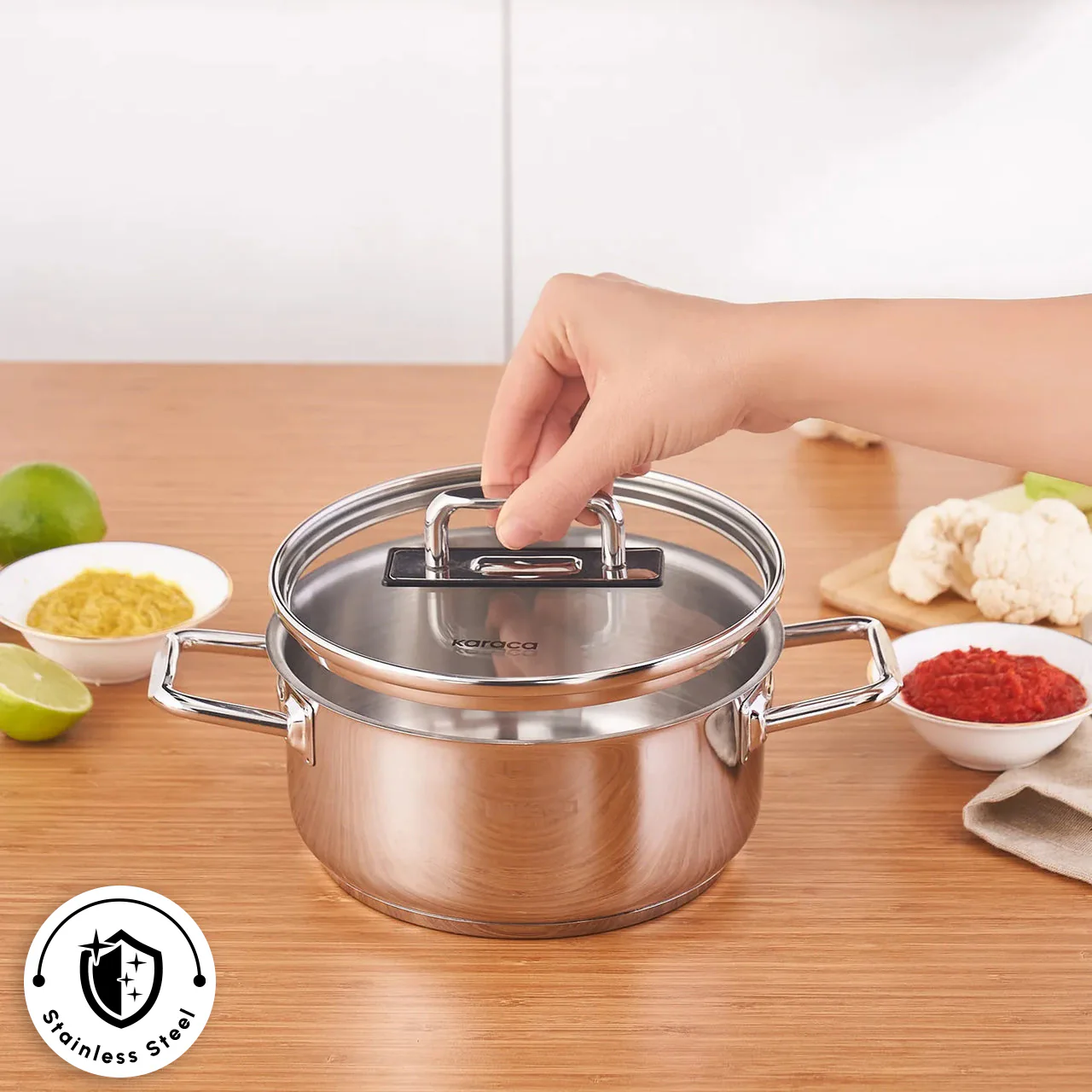 Karaca Grace Stainless Steel Induction Stockpot with Lid, 18cm, Silver - Image 2