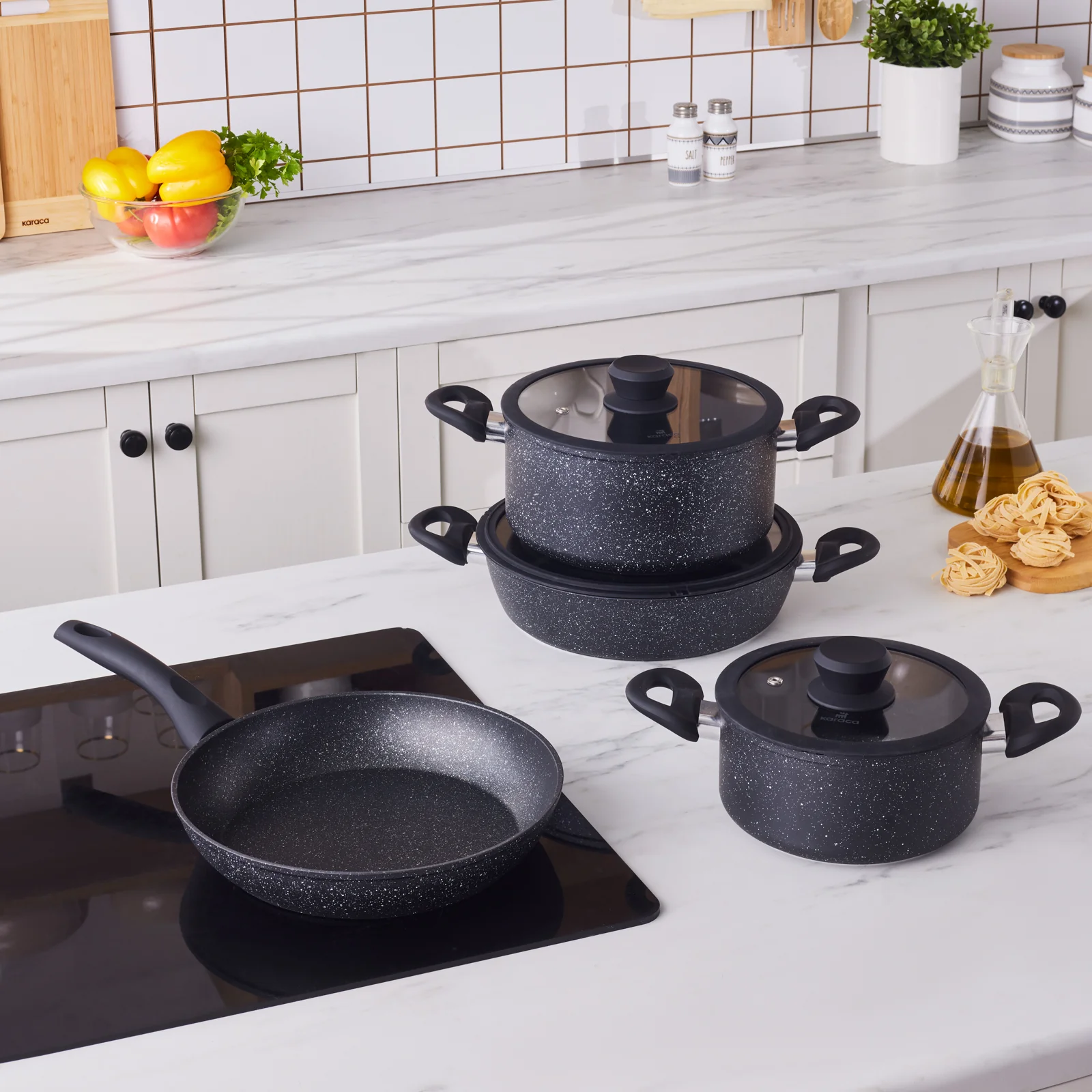 Karaca Nebula Granite 7-Piece Non-Stick Induction Cookware Set, Black - Image 2