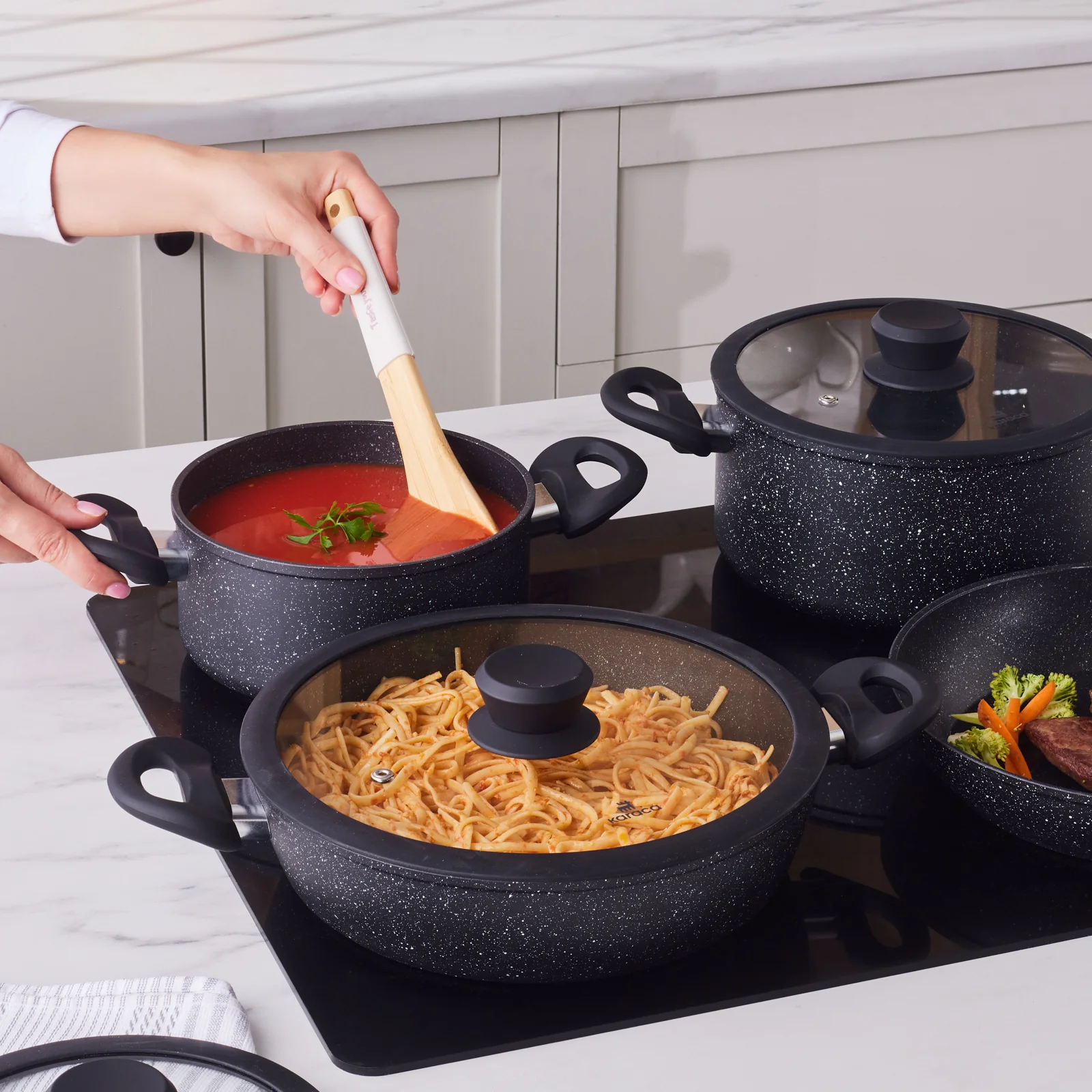 Karaca Nebula Granite 7-Piece Non-Stick Induction Cookware Set, Black - Image 4