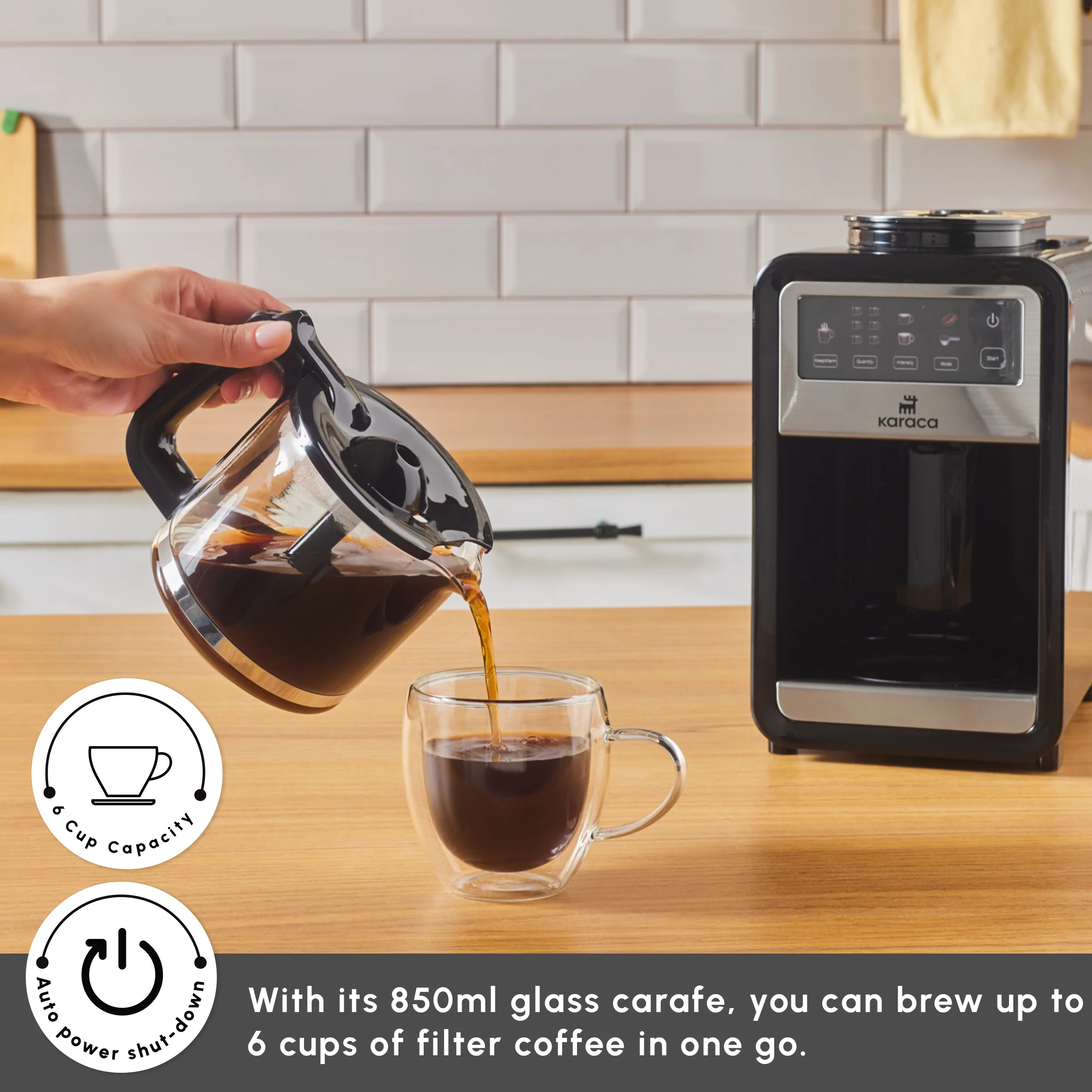 Karaca Grindbrew Pro Filter Coffee Machine with Built-in Grinder, 0,85L, 640W, Inox - Image 3