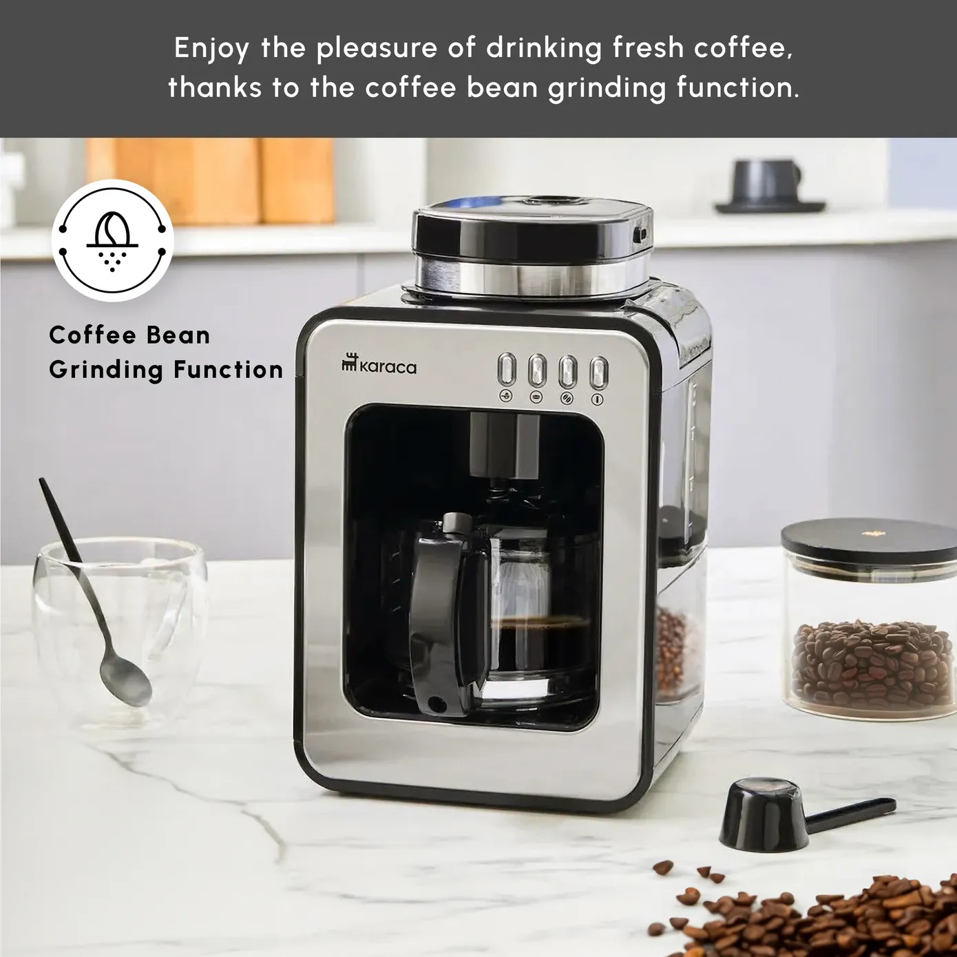 Karaca Grindmaestro Filter Coffee Maker with Built-in Grinder, 0,5L, 600W, Inox - Image 3