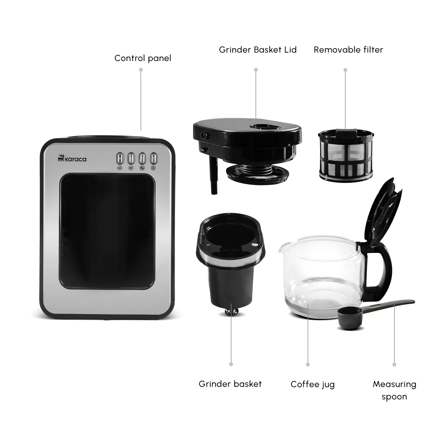 Karaca Grindmaestro Filter Coffee Maker with Built-in Grinder, 0,5L, 600W, Inox - Image 4