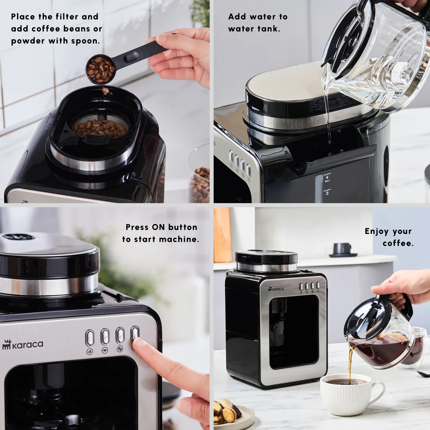 Karaca Grindmaestro Filter Coffee Maker with Built-in Grinder, 0,5L, 600W, Inox - Image 6