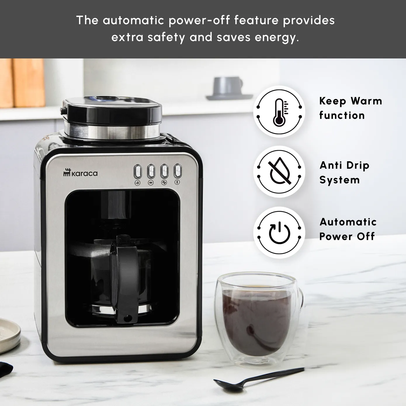 Karaca Grindmaestro Filter Coffee Maker with Built-in Grinder, 0,5L, 600W, Inox - Image 7