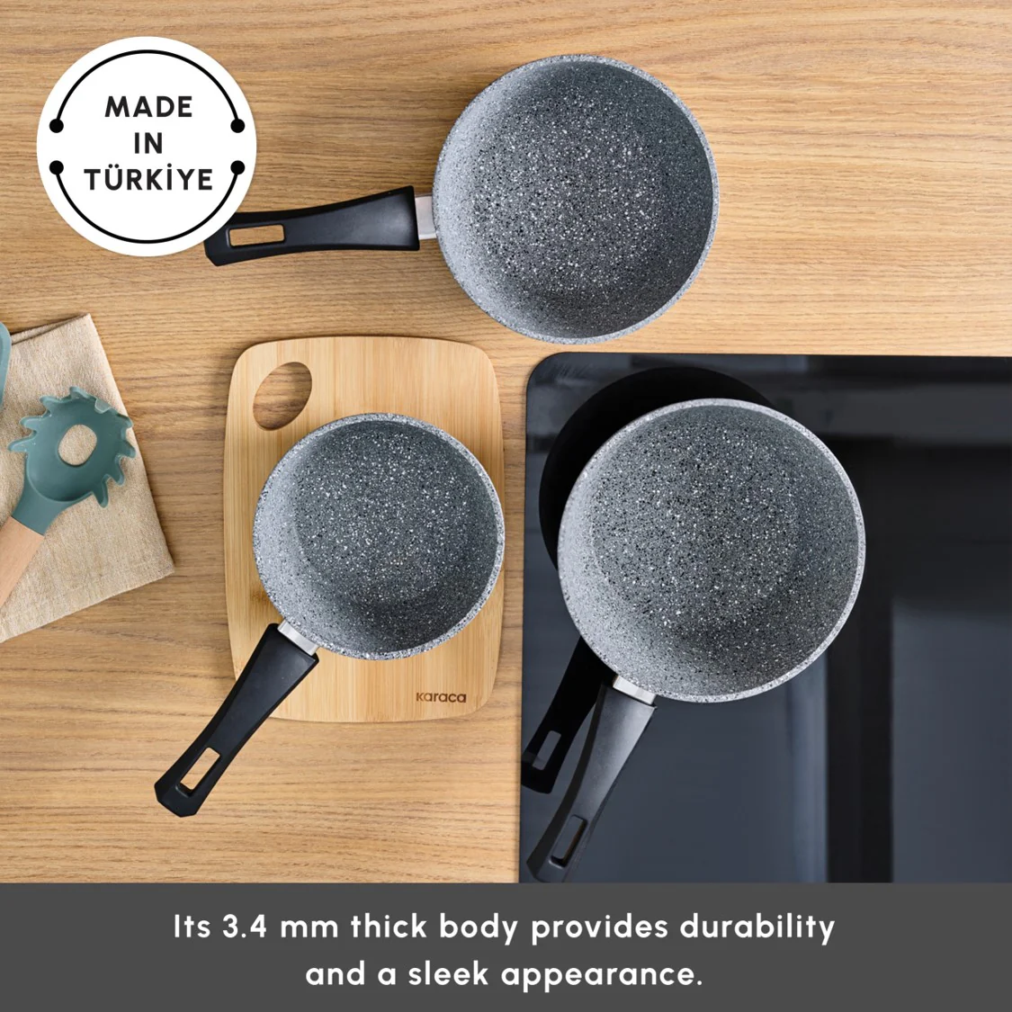 Karaca Gris Biogranite 3-Piece Induction Sauce Pan Set, Grey - Image 3