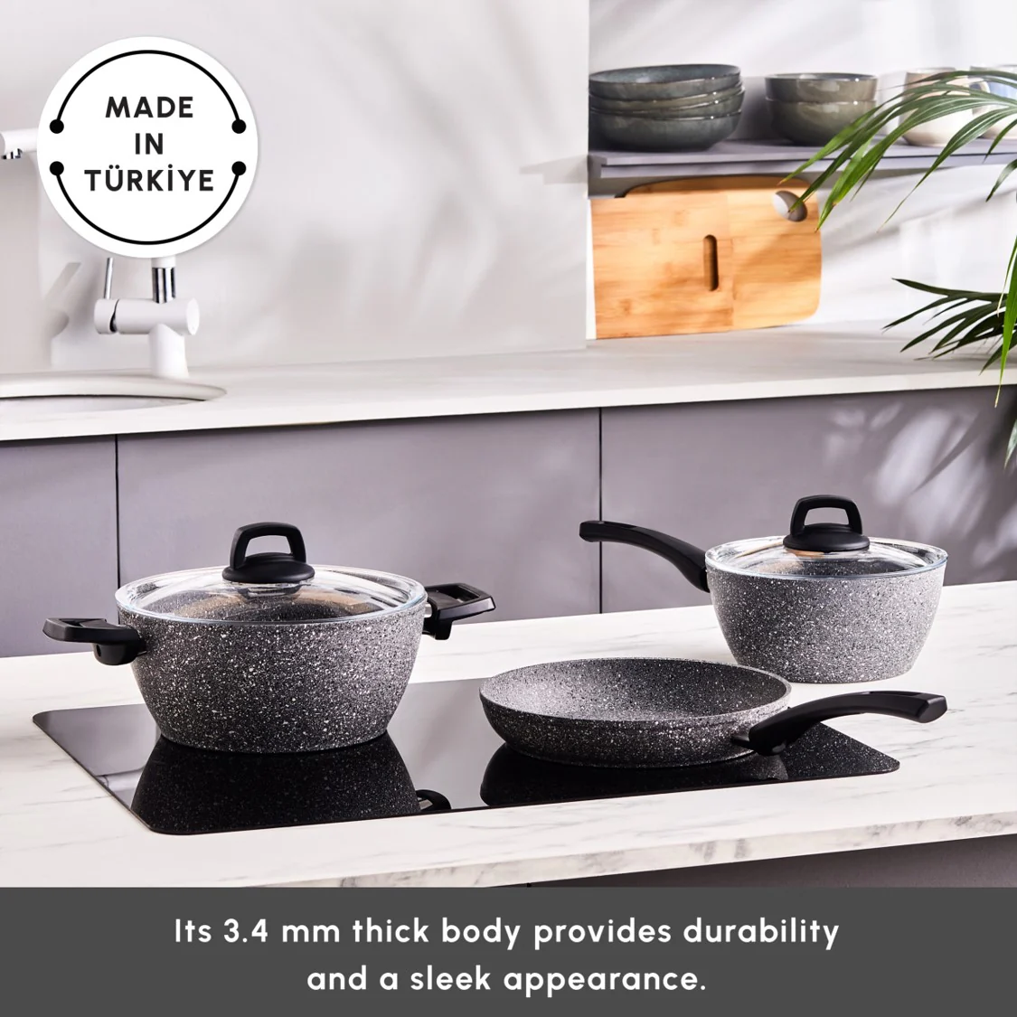 Karaca Gris Biogranite 5-Piece Induction Cookware Set, Grey - Image 3
