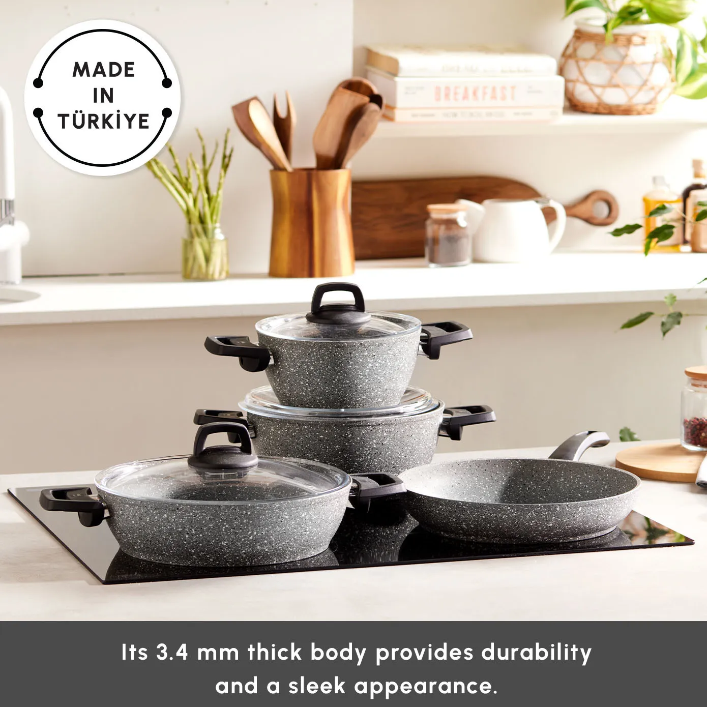 Karaca Gris Biogranite 7-Piece Non-Stick Induction Cookware Set, Grey - Image 3