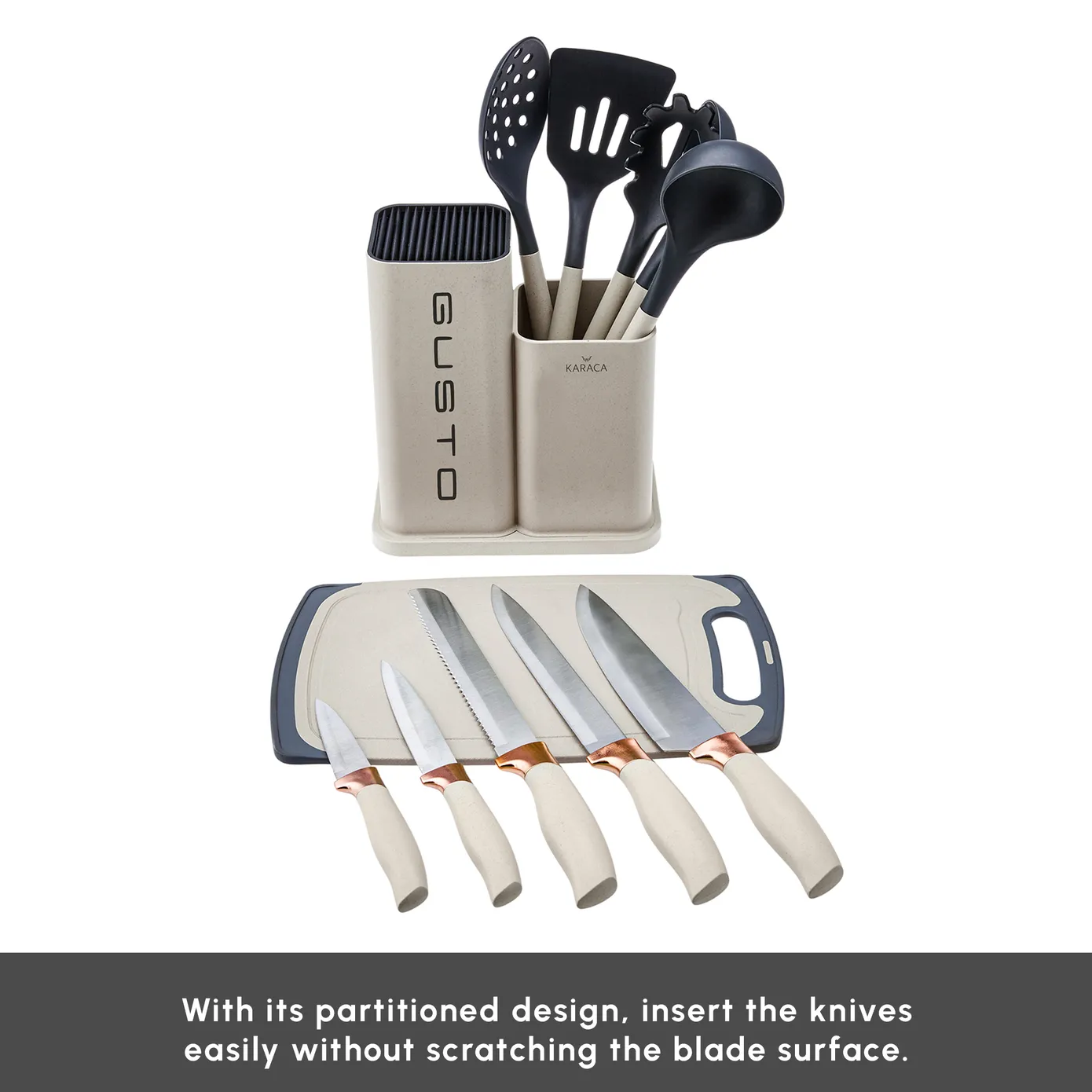 Karaca Gusto 12-Piece Knife Block Set, Chopping Board and Kitchen Utensil Set, Cream - Image 4