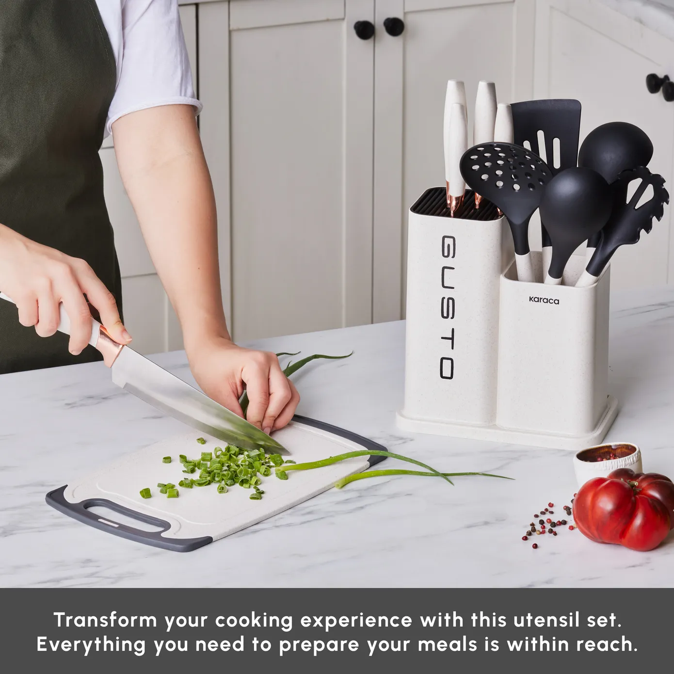 Karaca Gusto 12-Piece Knife Block Set, Chopping Board and Kitchen Utensil Set, Cream - Image 5