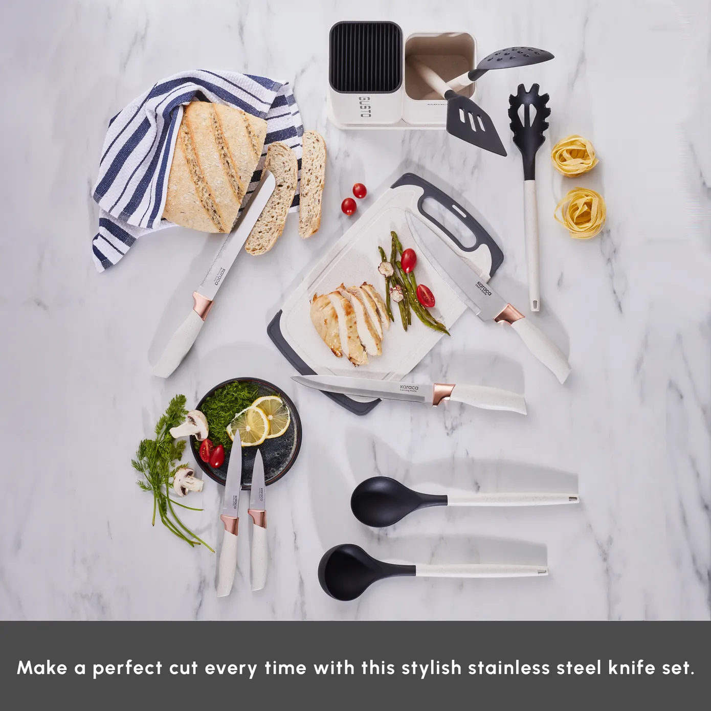 Karaca Gusto 12-Piece Knife Block Set, Chopping Board and Kitchen Utensil Set, Cream - Image 6