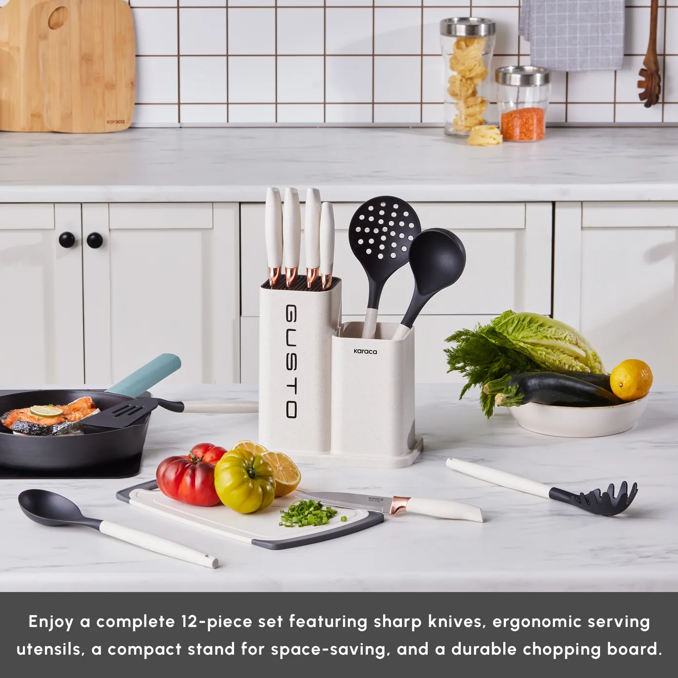 Karaca Gusto 12-Piece Knife Block Set, Chopping Board and Kitchen Utensil Set, Cream - Image 7
