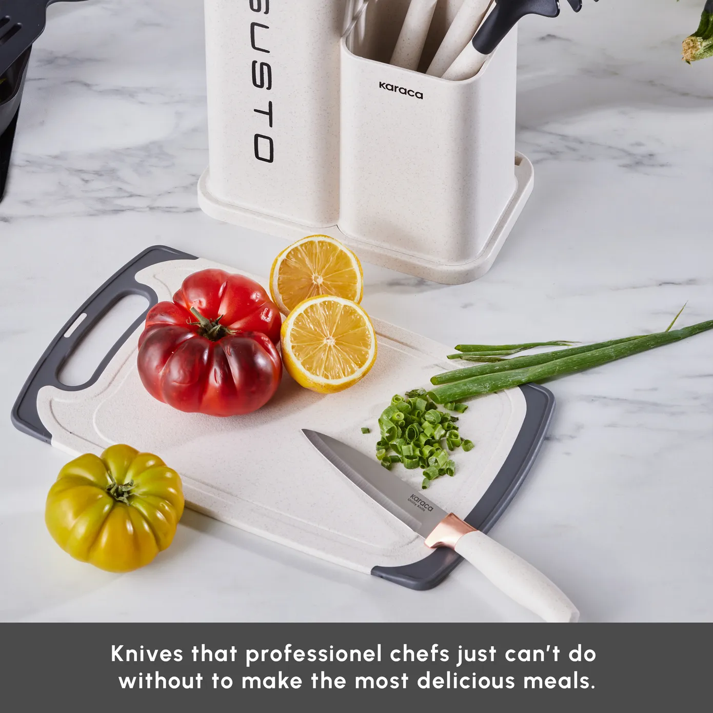 Karaca Gusto 12-Piece Knife Block Set, Chopping Board and Kitchen Utensil Set, Cream - Image 8