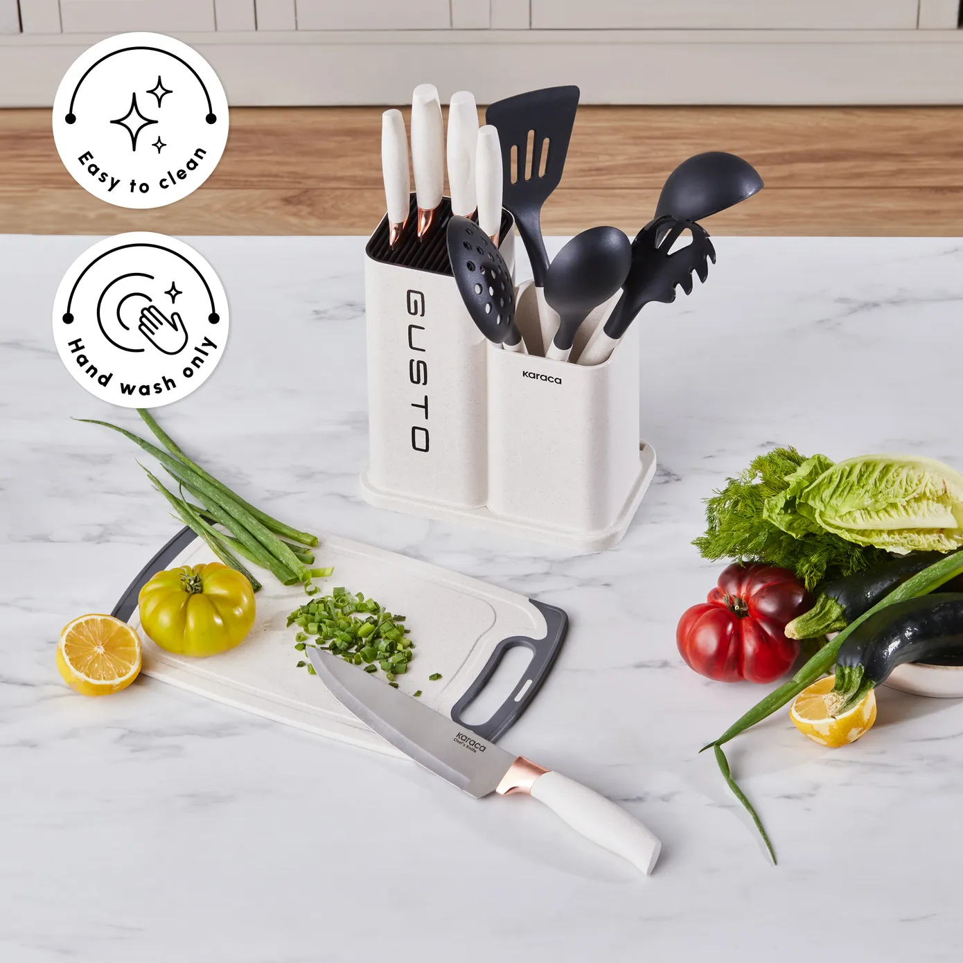 Karaca Gusto 12-Piece Knife Block Set, Chopping Board and Kitchen Utensil Set, Cream - Image 9