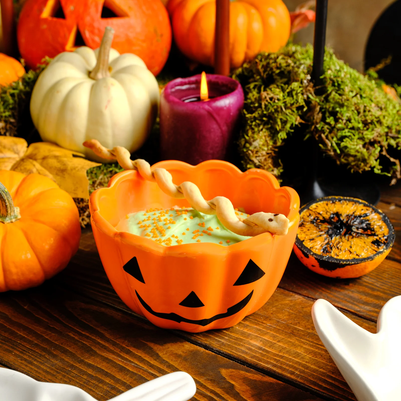 Karaca Halloween Pumpkin Ceramic Snack Bowl, 13cm, Orange