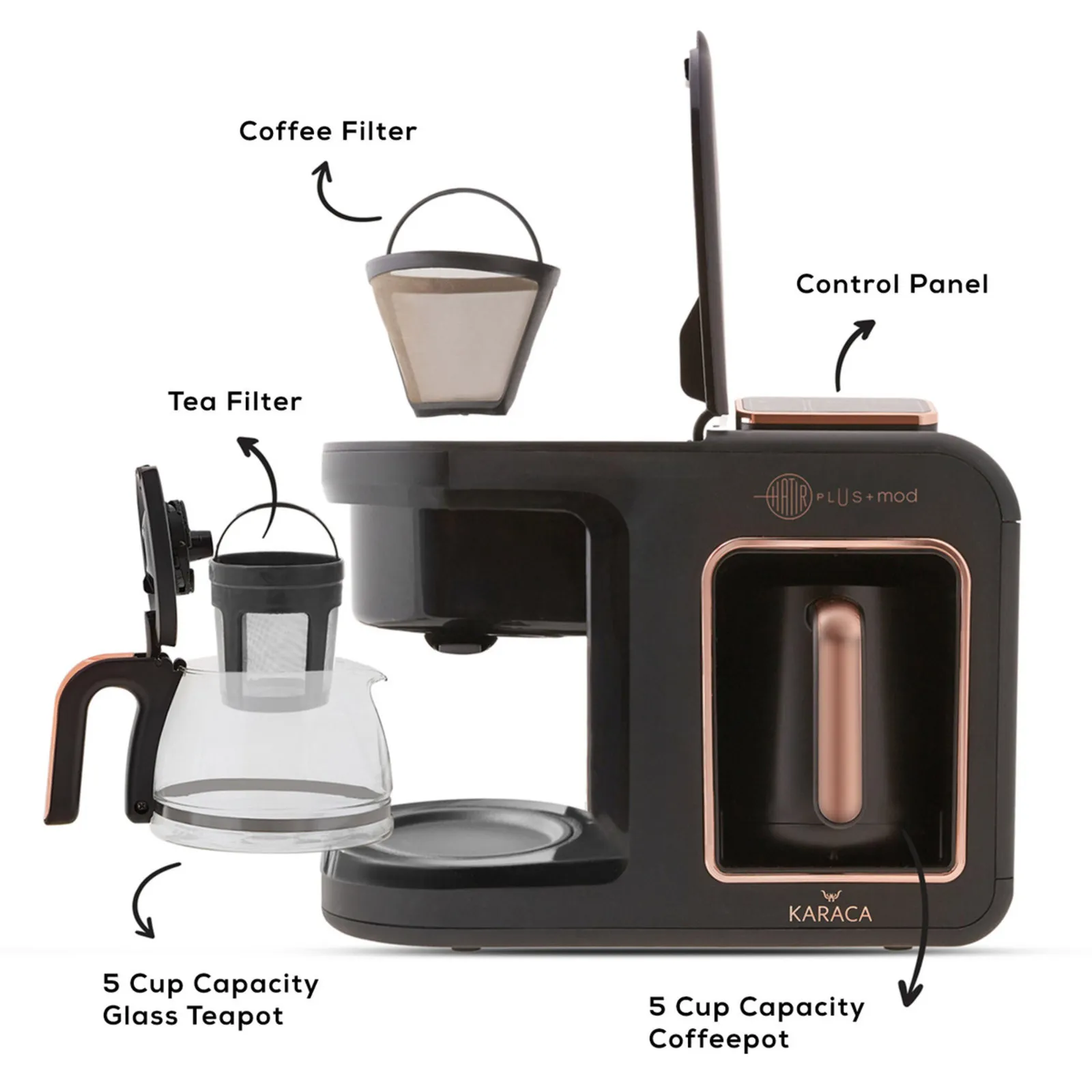 Karaca Hatır Plus Mod 5 in 1 Tea, Coffee Maker and Milk Steamer, 1385W, Black Copper - Image 3