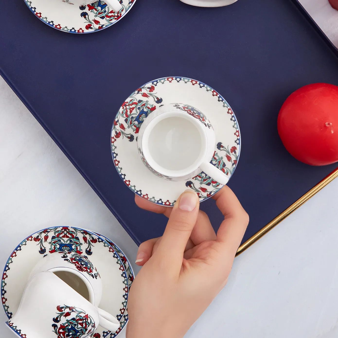 Karaca Hattat 12-Piece Porcelain Espresso Turkish Coffee Cup Set for 6 People, 90ml, White Multi - Image 4