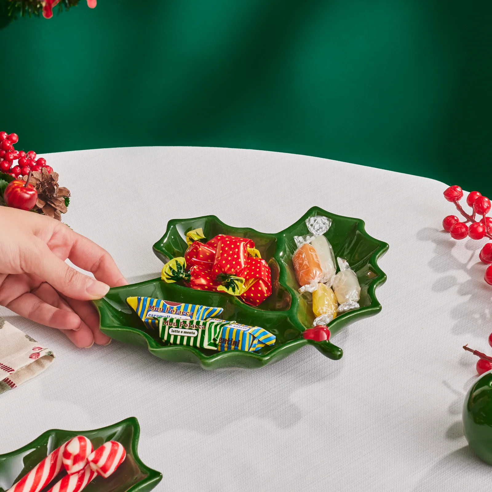 Karaca New Year Christmas Butcher's Broom Serving Plate, 20cm, Green - Image 2