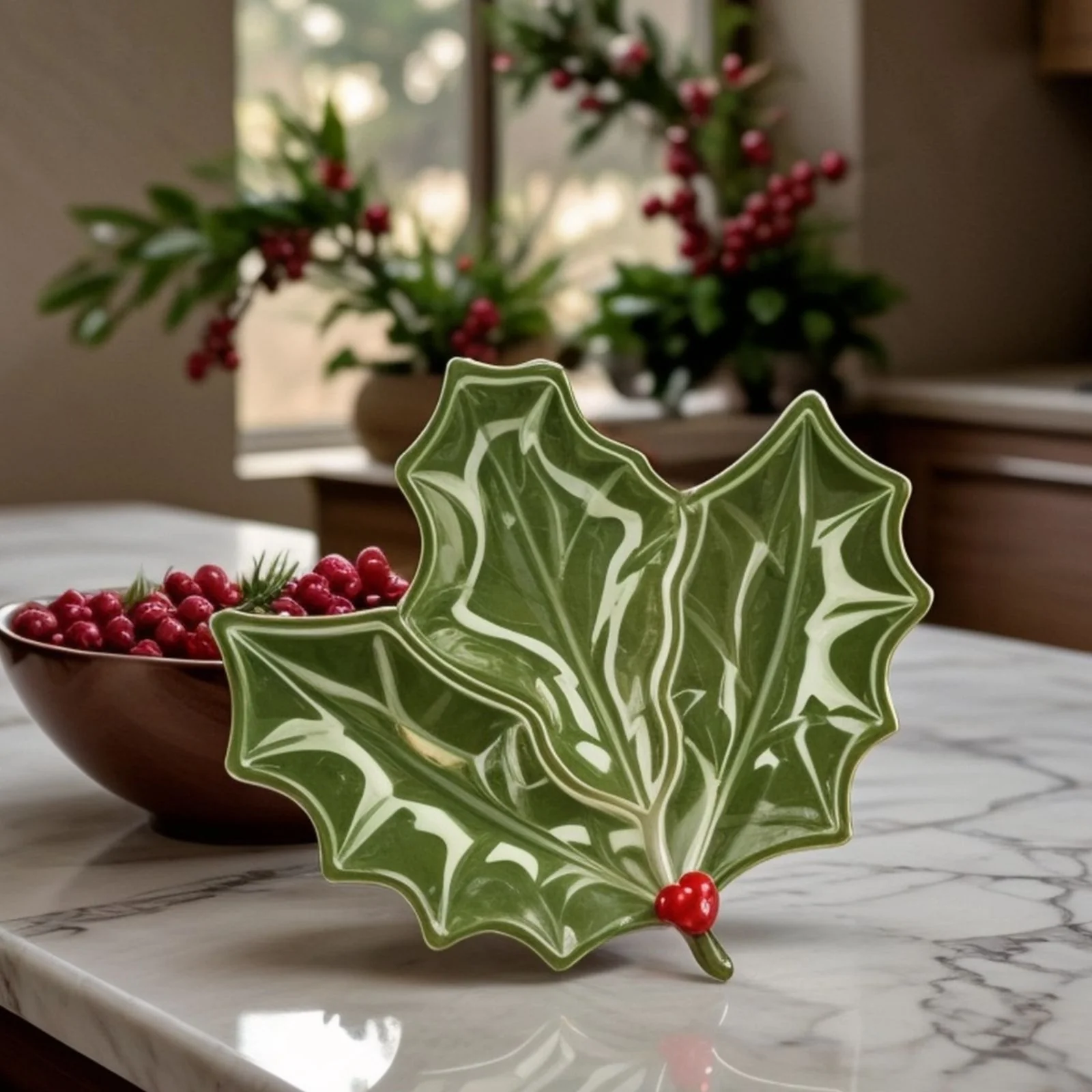 Karaca New Year Christmas Butcher's Broom Serving Plate, 20cm, Green - Image 3
